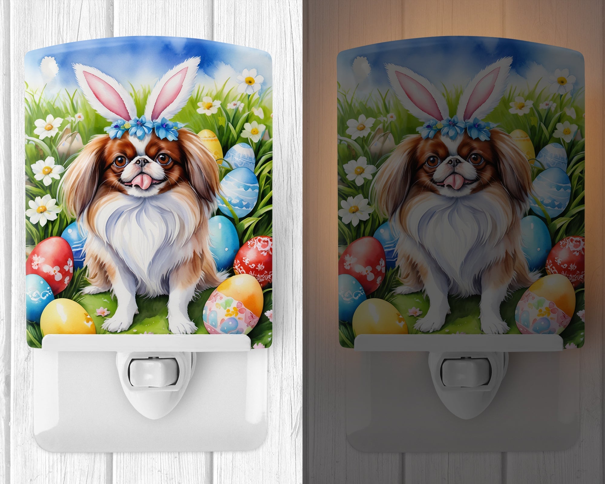 Japanese Chin Easter Egg Hunt Ceramic Night Light Compact, UL-Certified, Ideal for Bedroom, Bathroom, Nursery, Hallway, Kitchen, 6x4x3, Multicolor