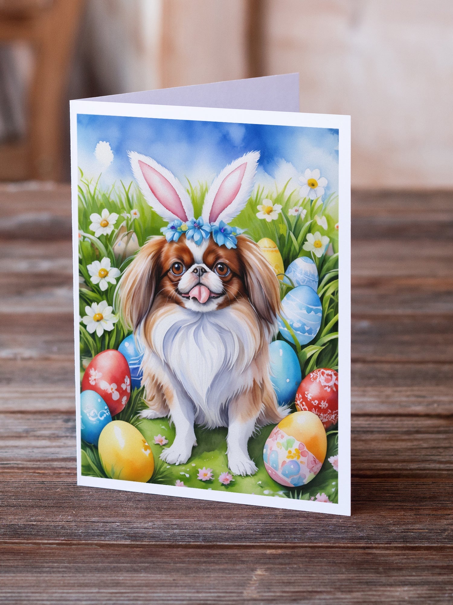 Japanese Chin Easter Egg Hunt Greeting Cards Pack of 8 Blank Cards with Envelopes Whimsical A7 Size 5x7