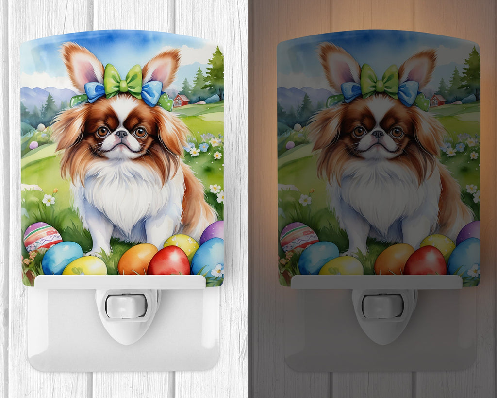Japanese Chin Easter Egg Hunt Ceramic Night Light Compact, UL-Certified, Ideal for Bedroom, Bathroom, Nursery, Hallway, Kitchen, 6x4x3, Multicolor