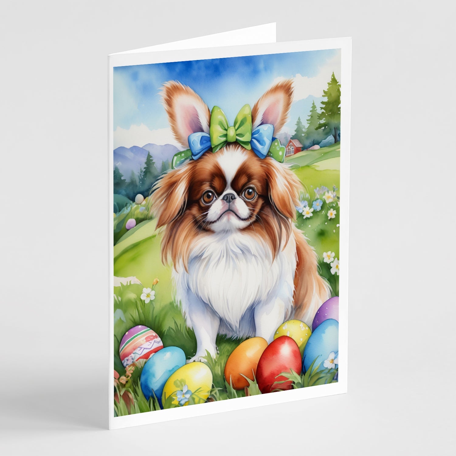 Japanese Chin Easter Egg Hunt Greeting Cards Pack of 8 Blank Cards with Envelopes Whimsical A7 Size 5x7