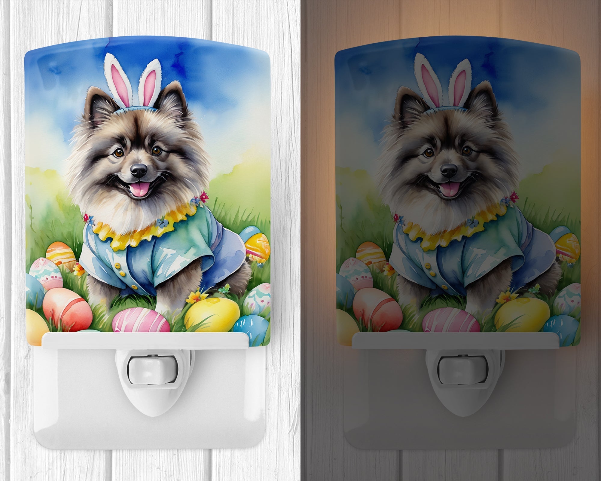 Keeshond Easter Egg Hunt Ceramic Night Light Compact, UL-Certified, Ideal for Bedroom, Bathroom, Nursery, Hallway, Kitchen, 6x4x3, Multicolor