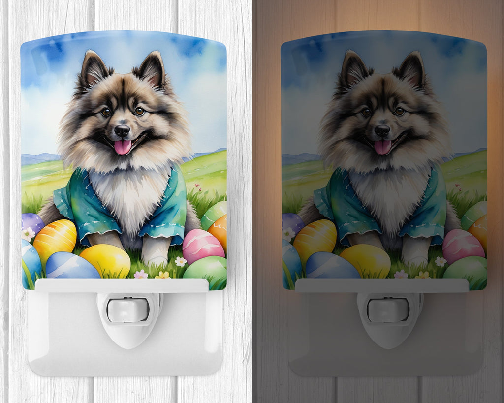 Keeshond Easter Egg Hunt Ceramic Night Light Compact, UL-Certified, Ideal for Bedroom, Bathroom, Nursery, Hallway, Kitchen, 6x4x3, Multicolor