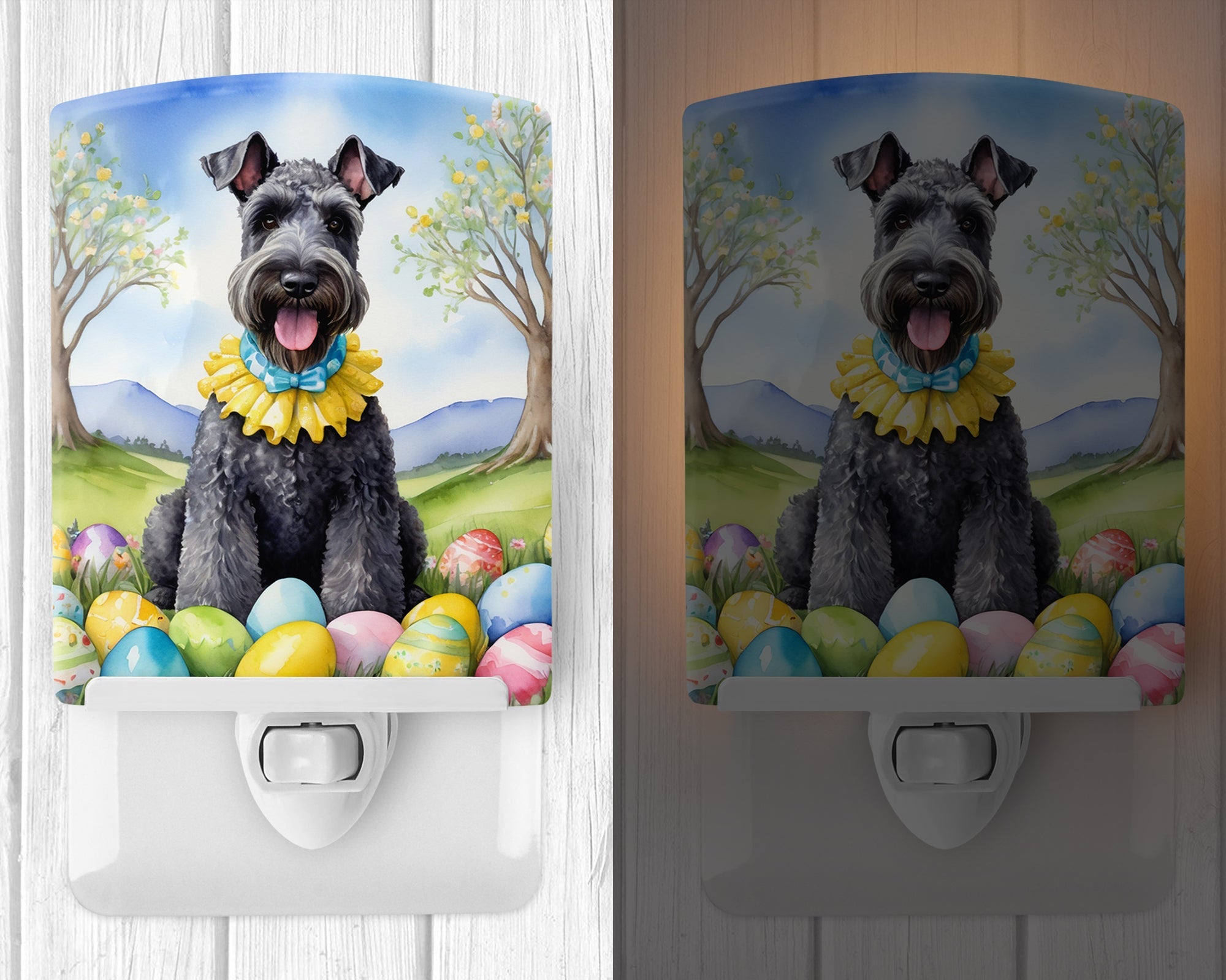Kerry Blue Terrier Easter Egg Hunt Ceramic Night Light Compact, UL-Certified, Ideal for Bedroom, Bathroom, Nursery, Hallway, Kitchen, 6x4x3, Multicolor