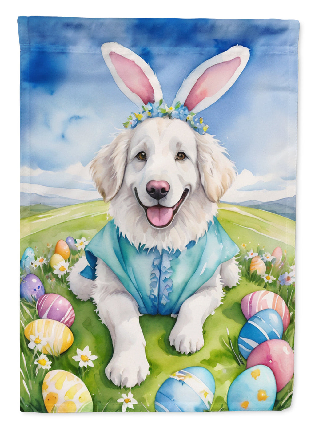 Kuvasz Easter Egg Hunt House Flag 28x40 Porch Sleeve Pole Decorative Outside Yard Banner Artwork Wall Hanging, Polyester