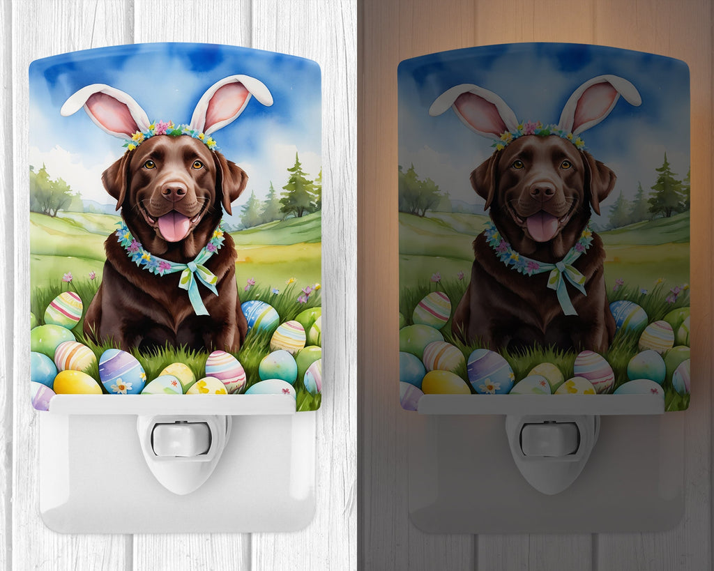 Chocolate Labrador Retriever Easter Egg Hunt Ceramic Night Light Compact, UL-Certified, Ideal for Bedroom, Bathroom, Nursery, Hallway, Kitchen, 6x4x3, Multicolor
