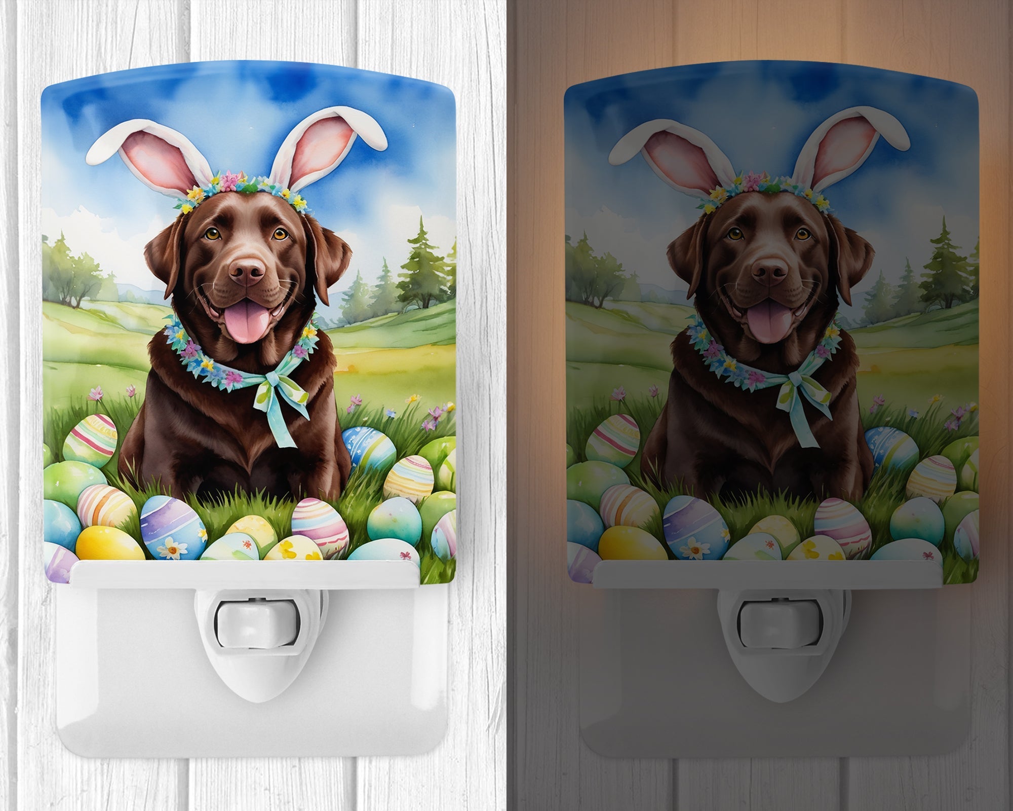 Chocolate Labrador Retriever Easter Egg Hunt Ceramic Night Light Compact, UL-Certified, Ideal for Bedroom, Bathroom, Nursery, Hallway, Kitchen, 6x4x3, Multicolor