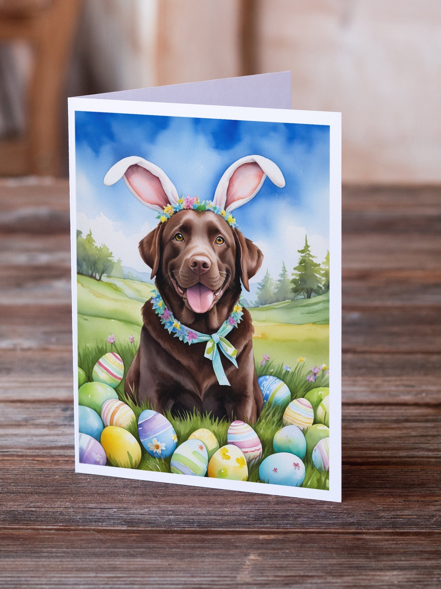 Chocolate Labrador Retriever Easter Egg Hunt Greeting Cards Pack of 8 Blank Cards with Envelopes Whimsical A7 Size 5x7