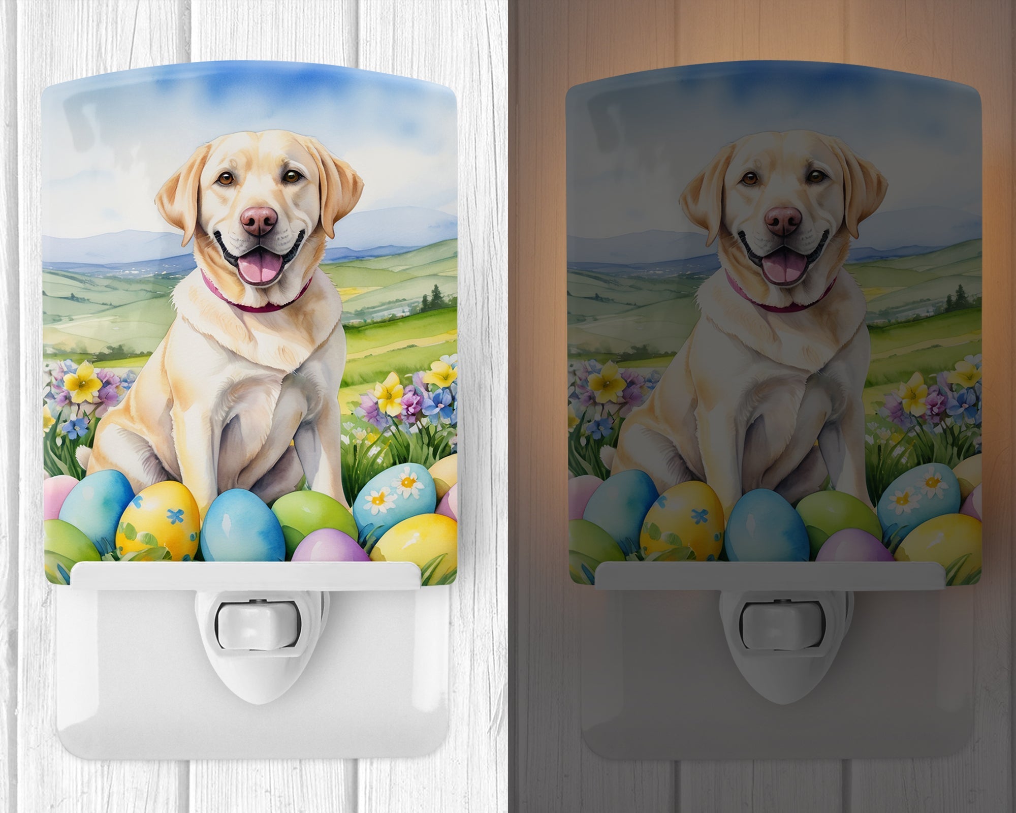 Yellow Labrador Retriever Easter Egg Hunt Ceramic Night Light Compact, UL-Certified, Ideal for Bedroom, Bathroom, Nursery, Hallway, Kitchen, 6x4x3, Multicolor
