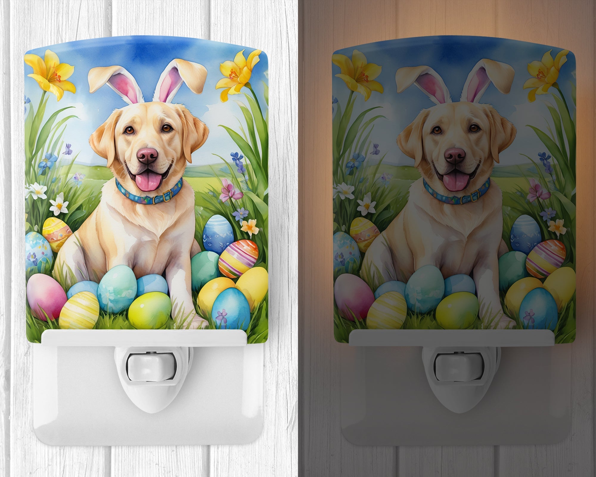 Yellow Labrador Retriever Easter Egg Hunt Ceramic Night Light Compact, UL-Certified, Ideal for Bedroom, Bathroom, Nursery, Hallway, Kitchen, 6x4x3, Multicolor