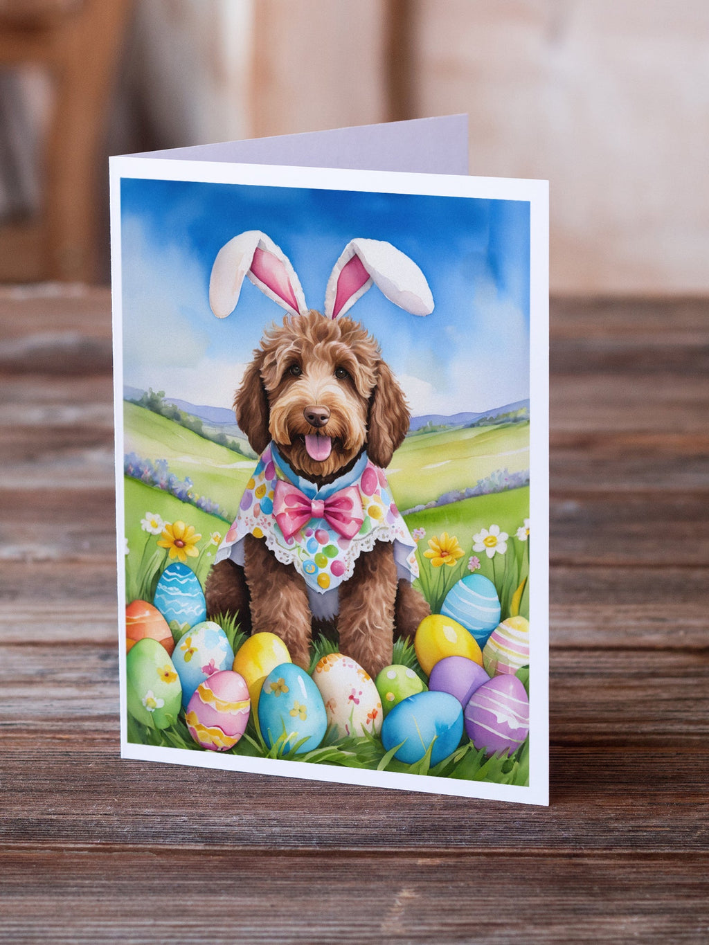 Labradoodle Easter Egg Hunt Greeting Cards Pack of 8 Blank Cards with Envelopes Whimsical A7 Size 5x7