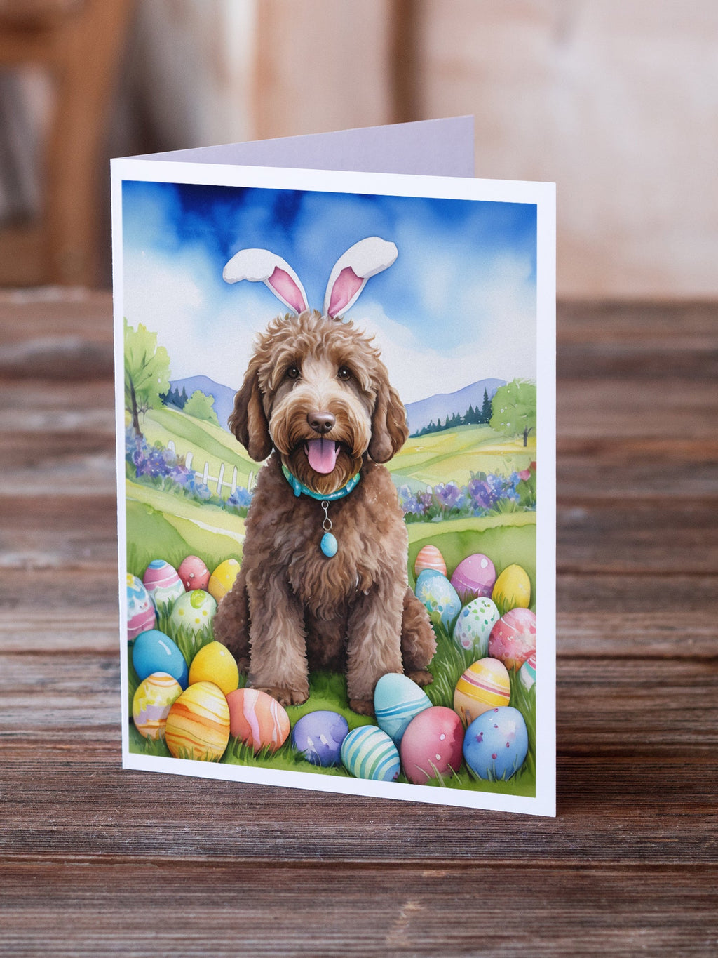 Labradoodle Easter Egg Hunt Greeting Cards Pack of 8 Blank Cards with Envelopes Whimsical A7 Size 5x7