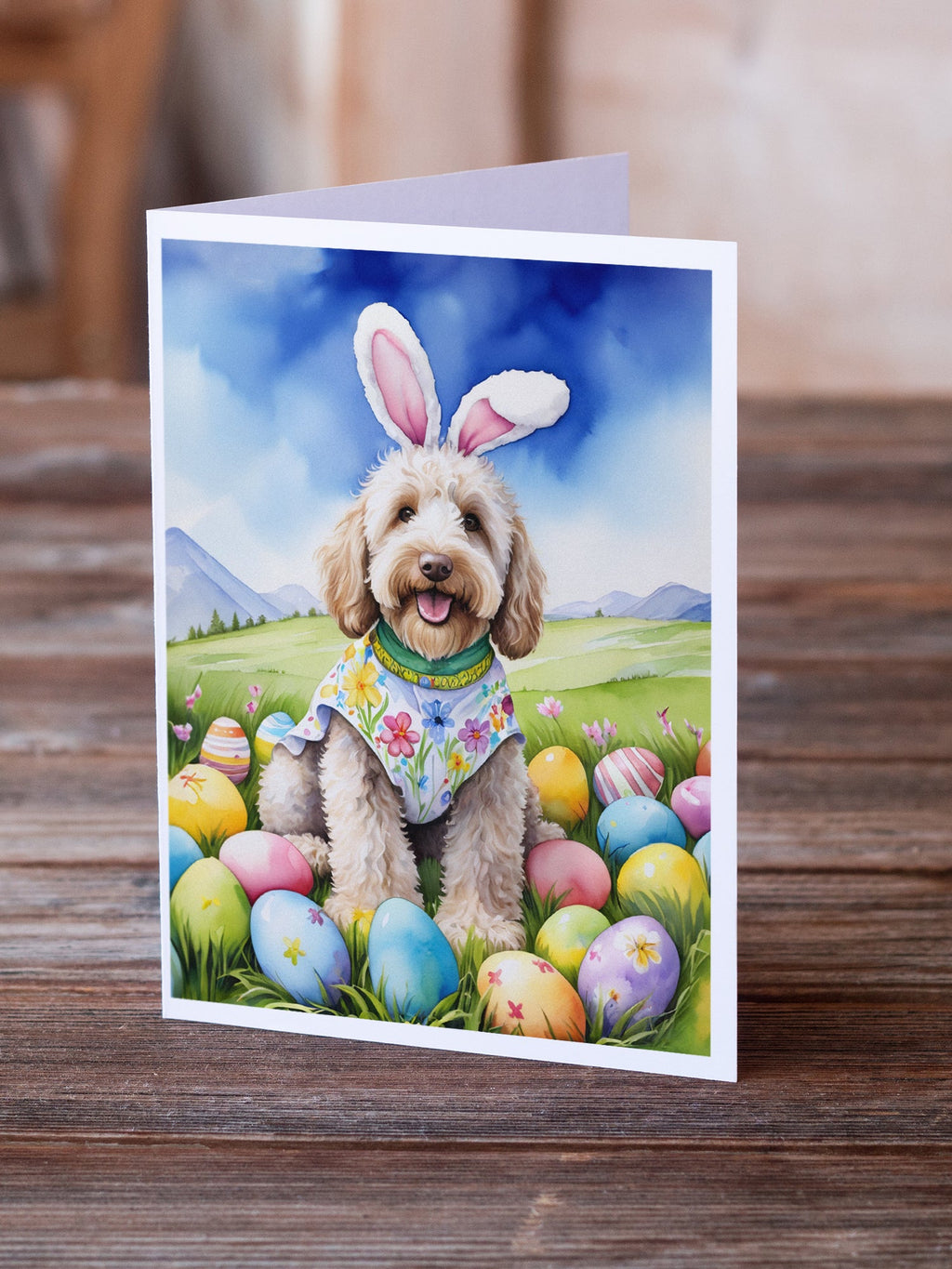 Labradoodle Easter Egg Hunt Greeting Cards Pack of 8 Blank Cards with Envelopes Whimsical A7 Size 5x7