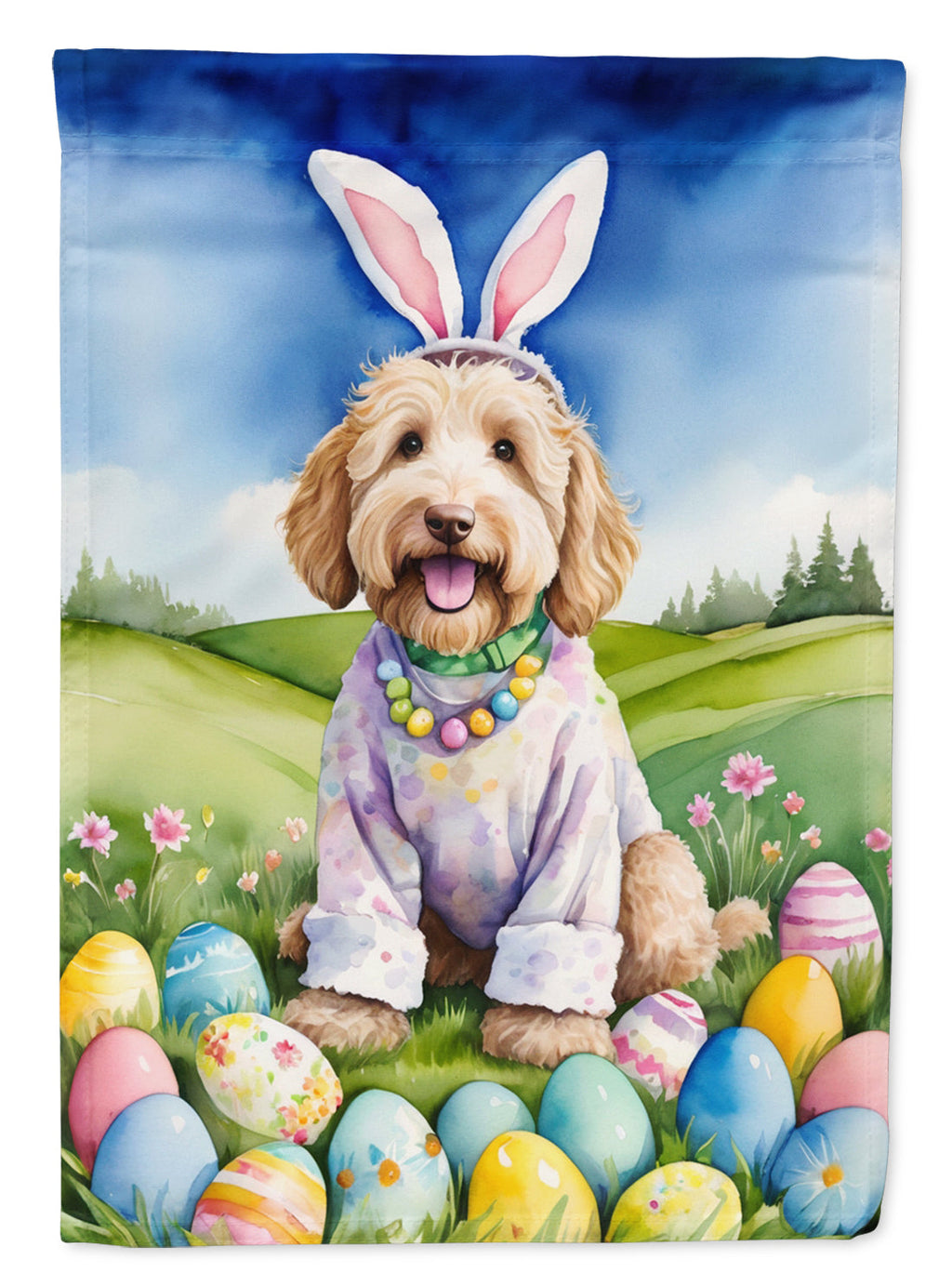 Labradoodle Easter Egg Hunt House Flag 28x40 Porch Sleeve Pole Decorative Outside Yard Banner Artwork Wall Hanging, Polyester