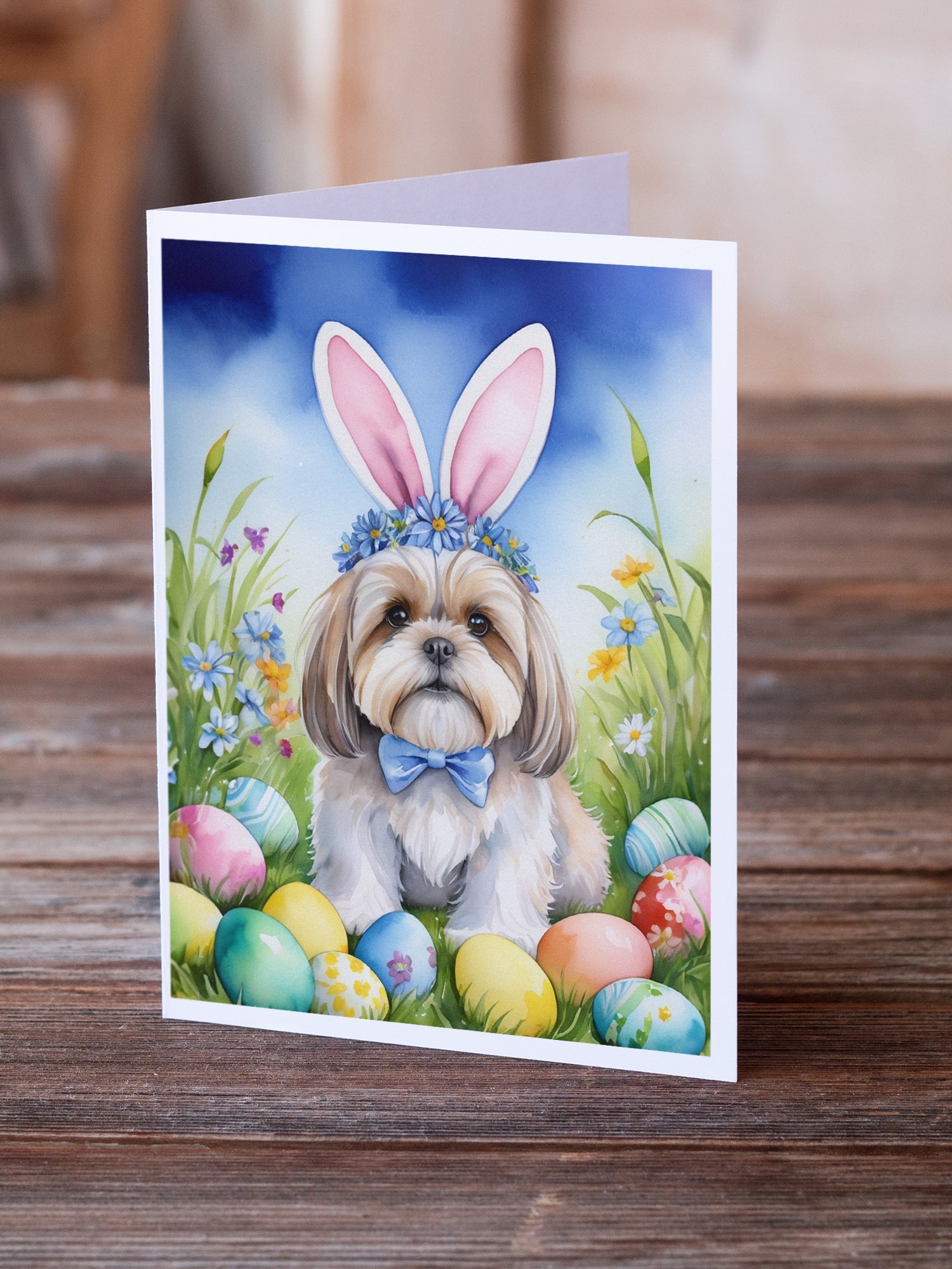 Lhasa Apso Easter Egg Hunt Greeting Cards Pack of 8 Blank Cards with Envelopes Whimsical A7 Size 5x7