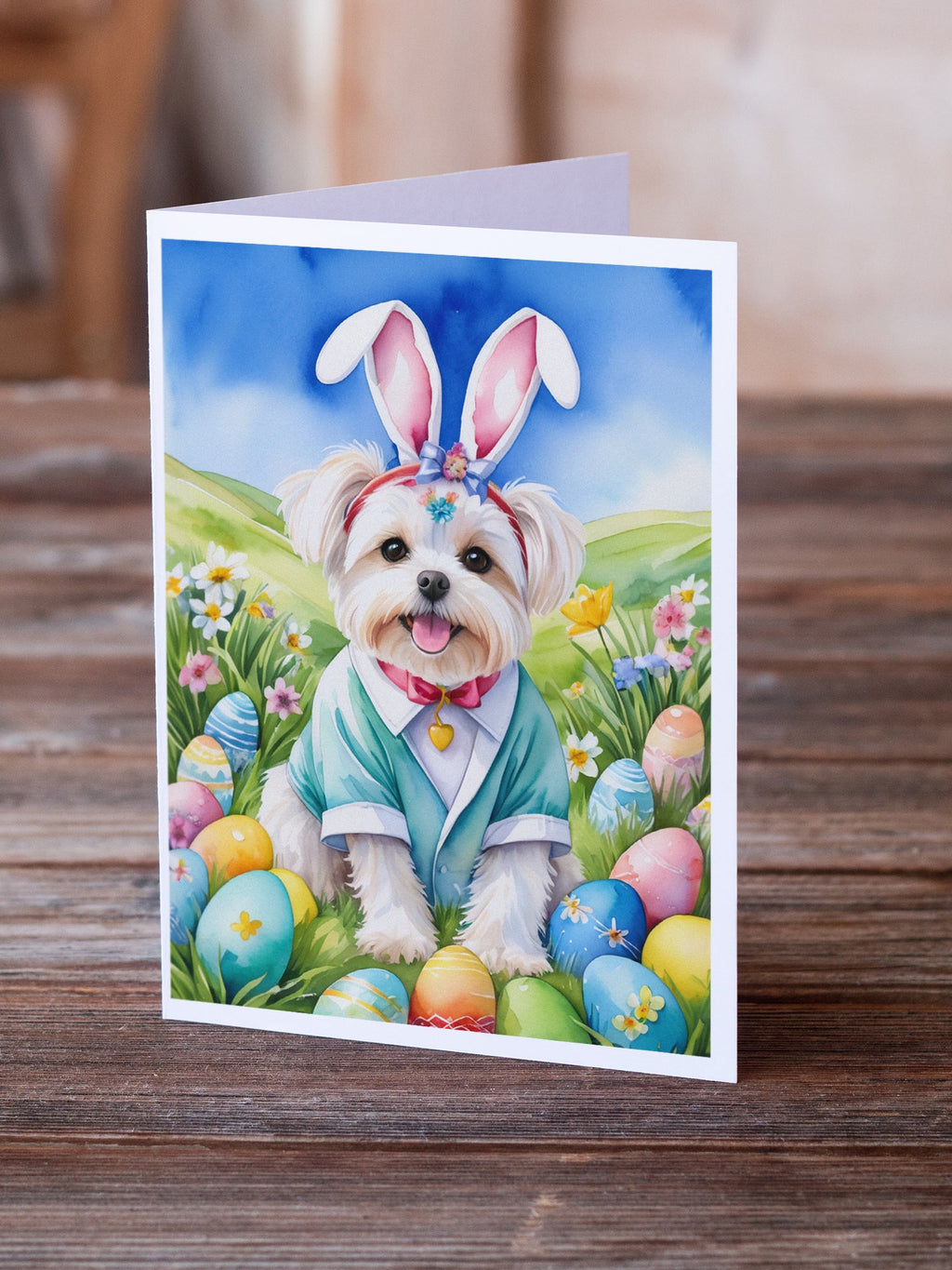 Maltese Easter Egg Hunt Greeting Cards Pack of 8 Blank Cards with Envelopes Whimsical A7 Size 5x7