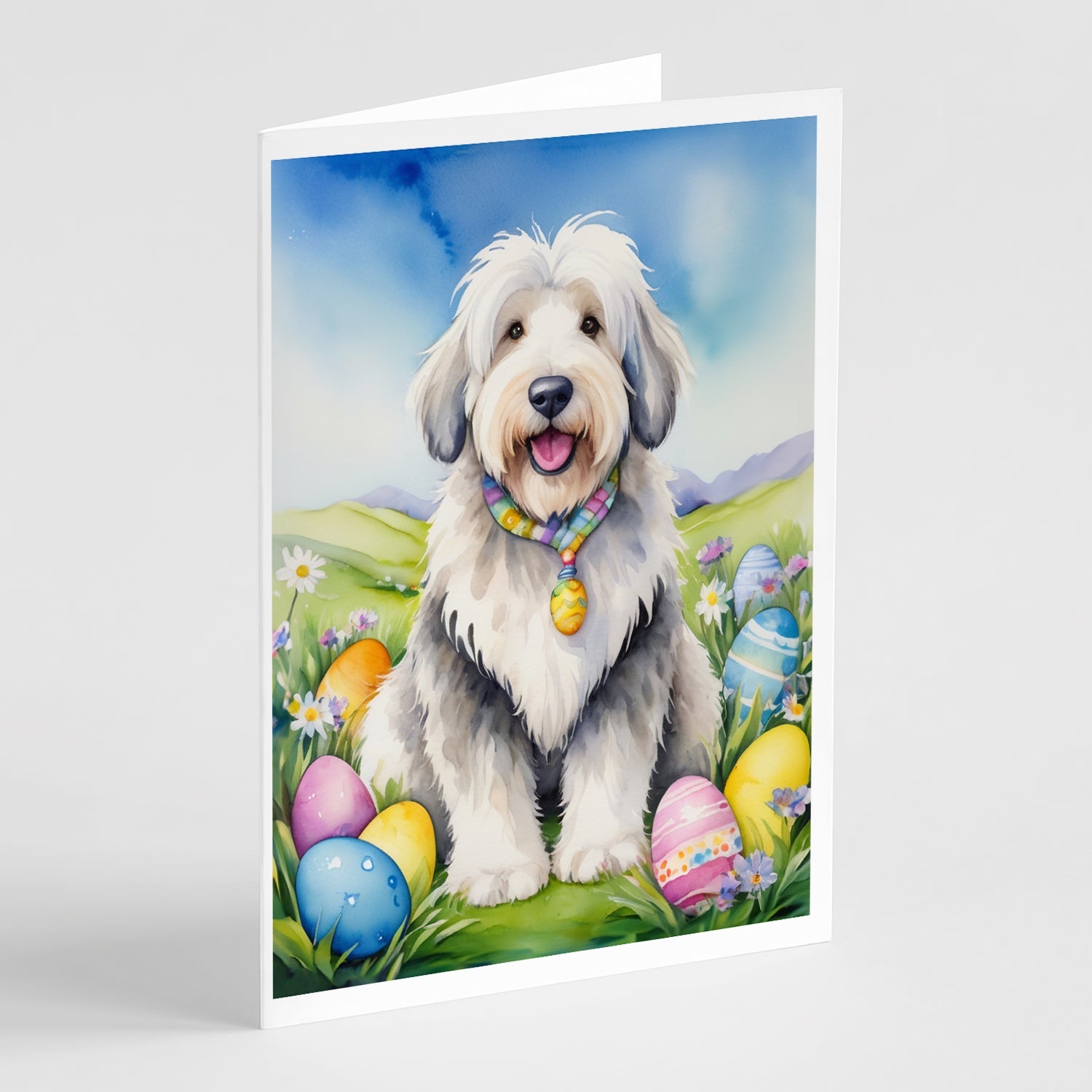Old English Sheepdog Easter Egg Hunt Greeting Cards Pack of 8 Blank Cards with Envelopes Whimsical A7 Size 5x7
