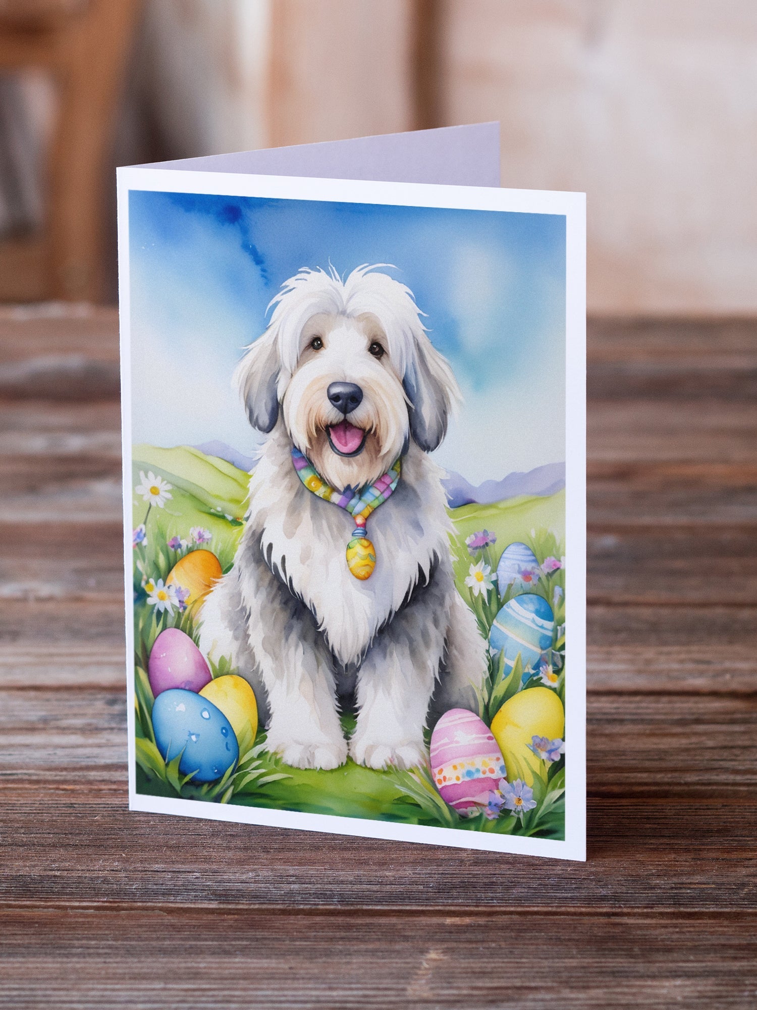 Old English Sheepdog Easter Egg Hunt Greeting Cards Pack of 8 Blank Cards with Envelopes Whimsical A7 Size 5x7
