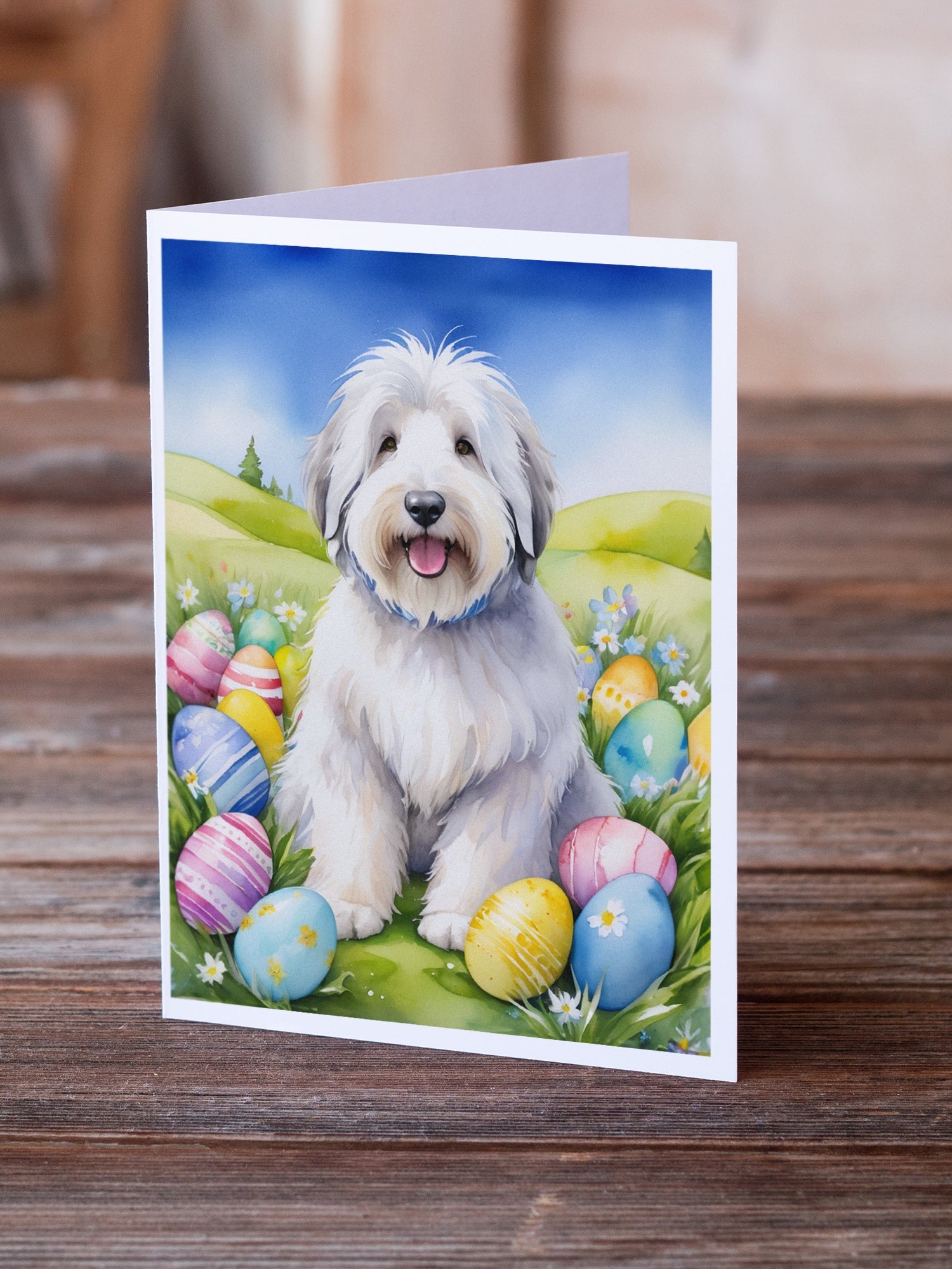Old English Sheepdog Easter Egg Hunt Greeting Cards Pack of 8 Blank Cards with Envelopes Whimsical A7 Size 5x7
