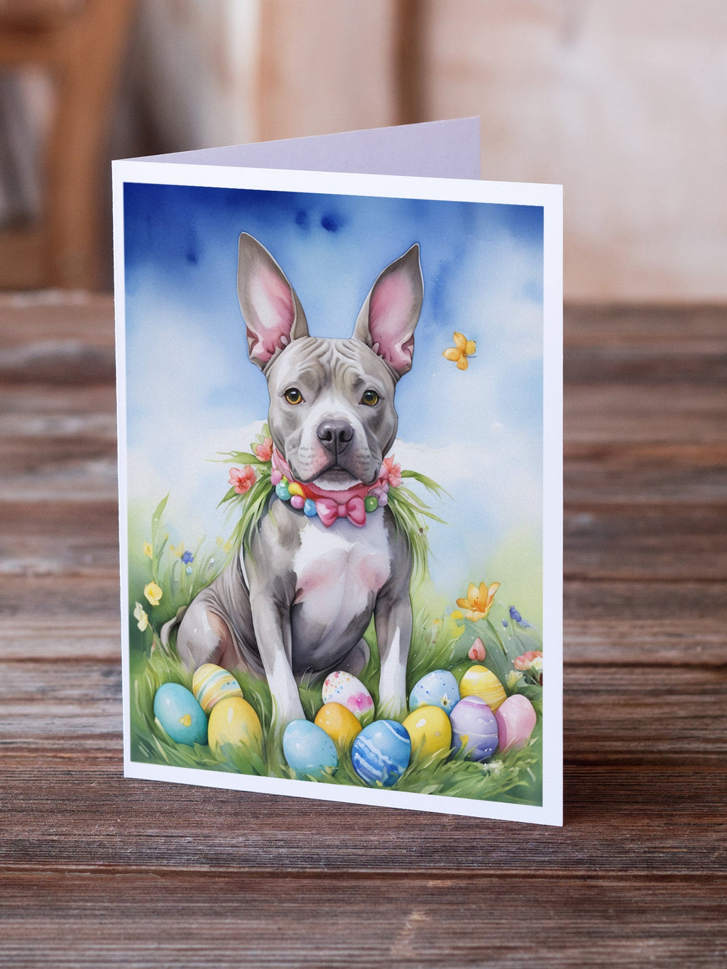 Pit Bull Terrier Easter Egg Hunt Greeting Cards Pack of 8 Blank Cards with Envelopes Whimsical A7 Size 5x7