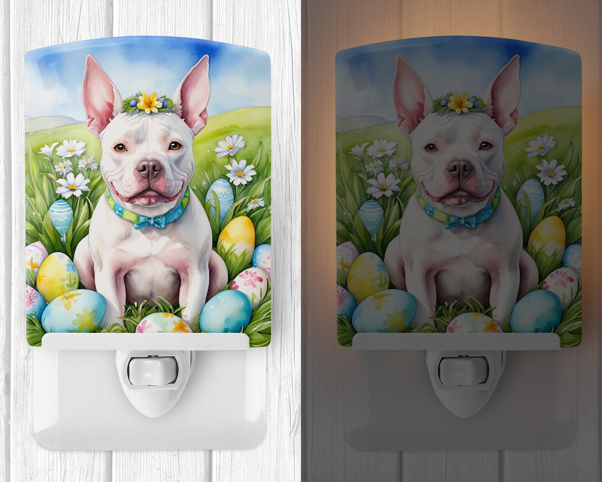 Pit Bull Terrier Easter Egg Hunt Ceramic Night Light Compact, UL-Certified, Ideal for Bedroom, Bathroom, Nursery, Hallway, Kitchen, 6x4x3, Multicolor