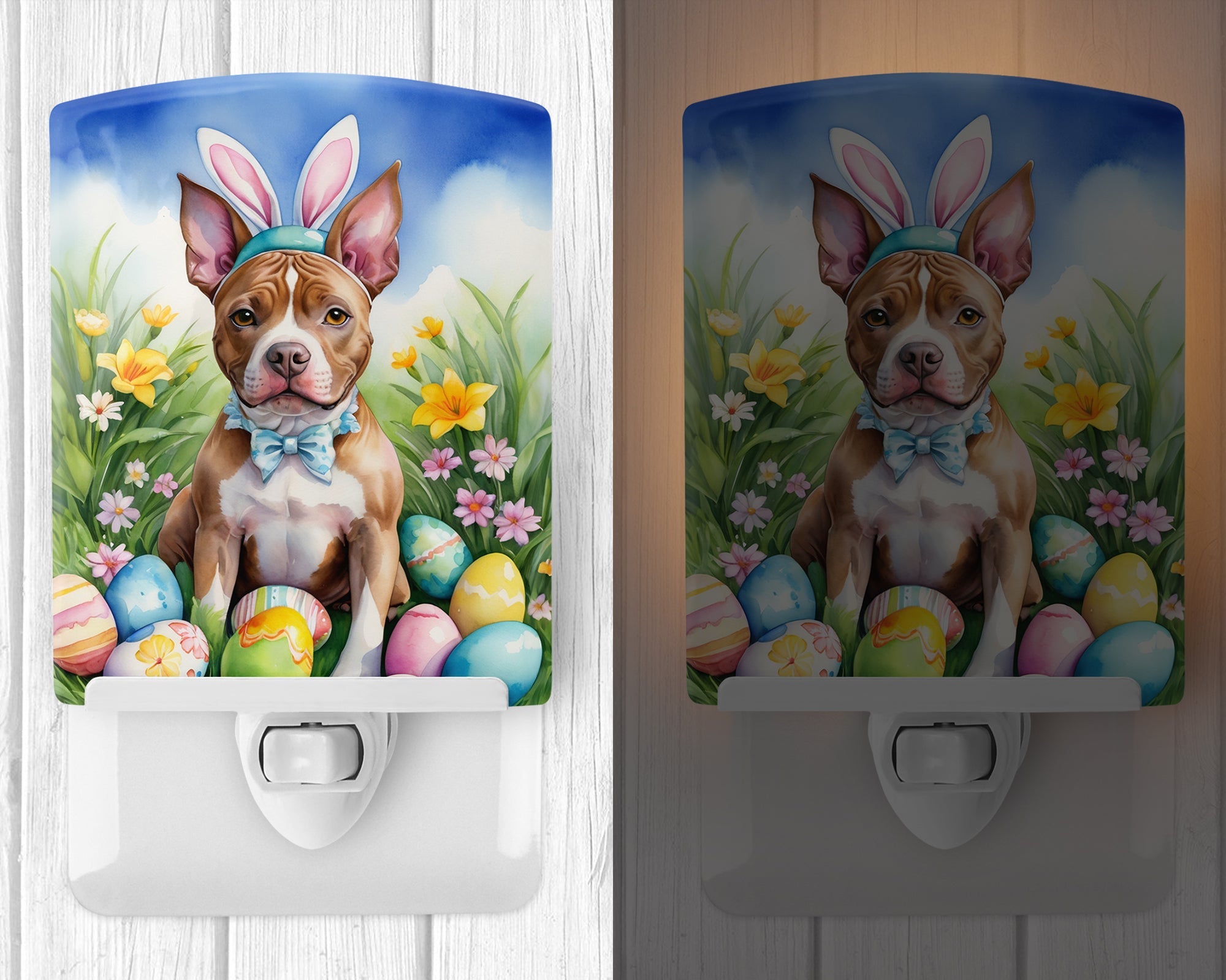 Pit Bull Terrier Easter Egg Hunt Ceramic Night Light Compact, UL-Certified, Ideal for Bedroom, Bathroom, Nursery, Hallway, Kitchen, 6x4x3, Multicolor