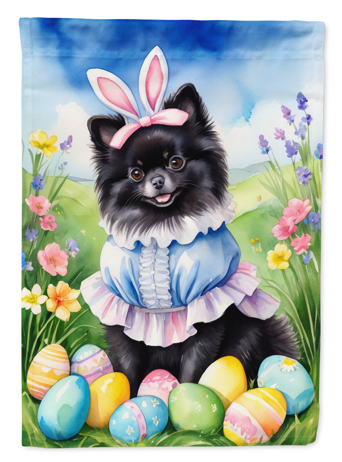 Pomeranian Easter Egg Hunt House Flag 28x40 Porch Sleeve Pole Decorative Outside Yard Banner Artwork Wall Hanging, Polyester