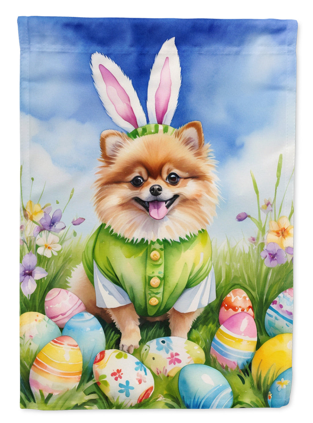 Pomeranian Easter Egg Hunt House Flag 28x40 Porch Sleeve Pole Decorative Outside Yard Banner Artwork Wall Hanging, Polyester