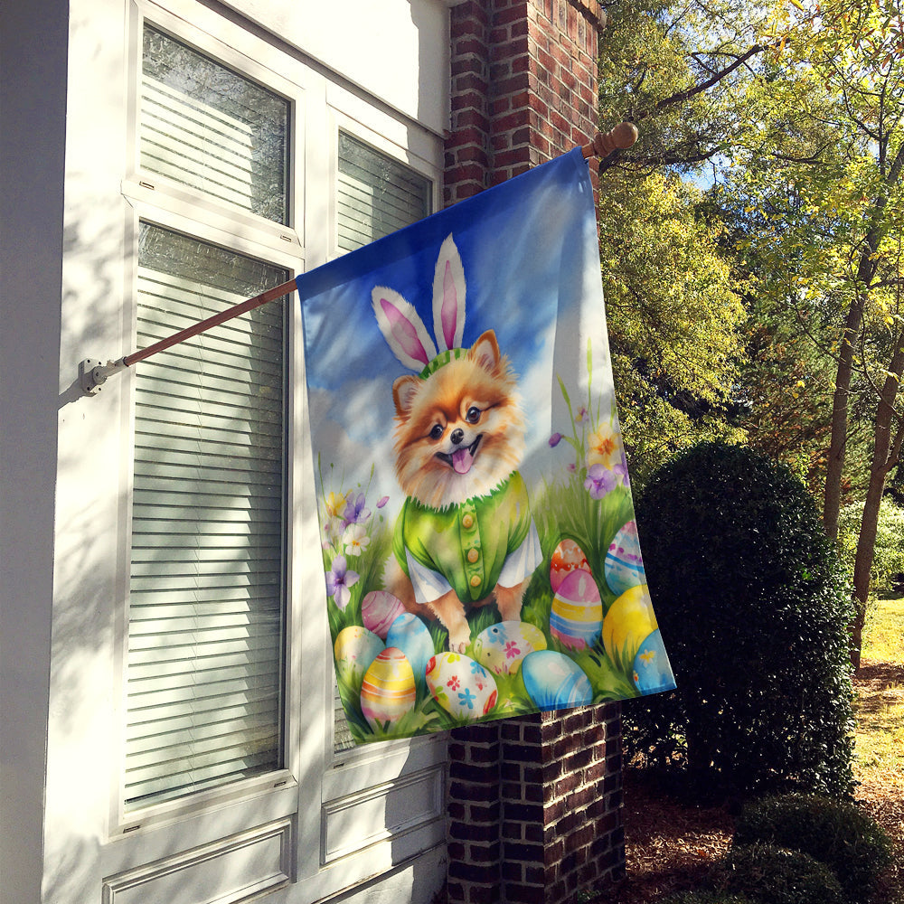 Pomeranian Easter Egg Hunt House Flag 28x40 Porch Sleeve Pole Decorative Outside Yard Banner Artwork Wall Hanging, Polyester