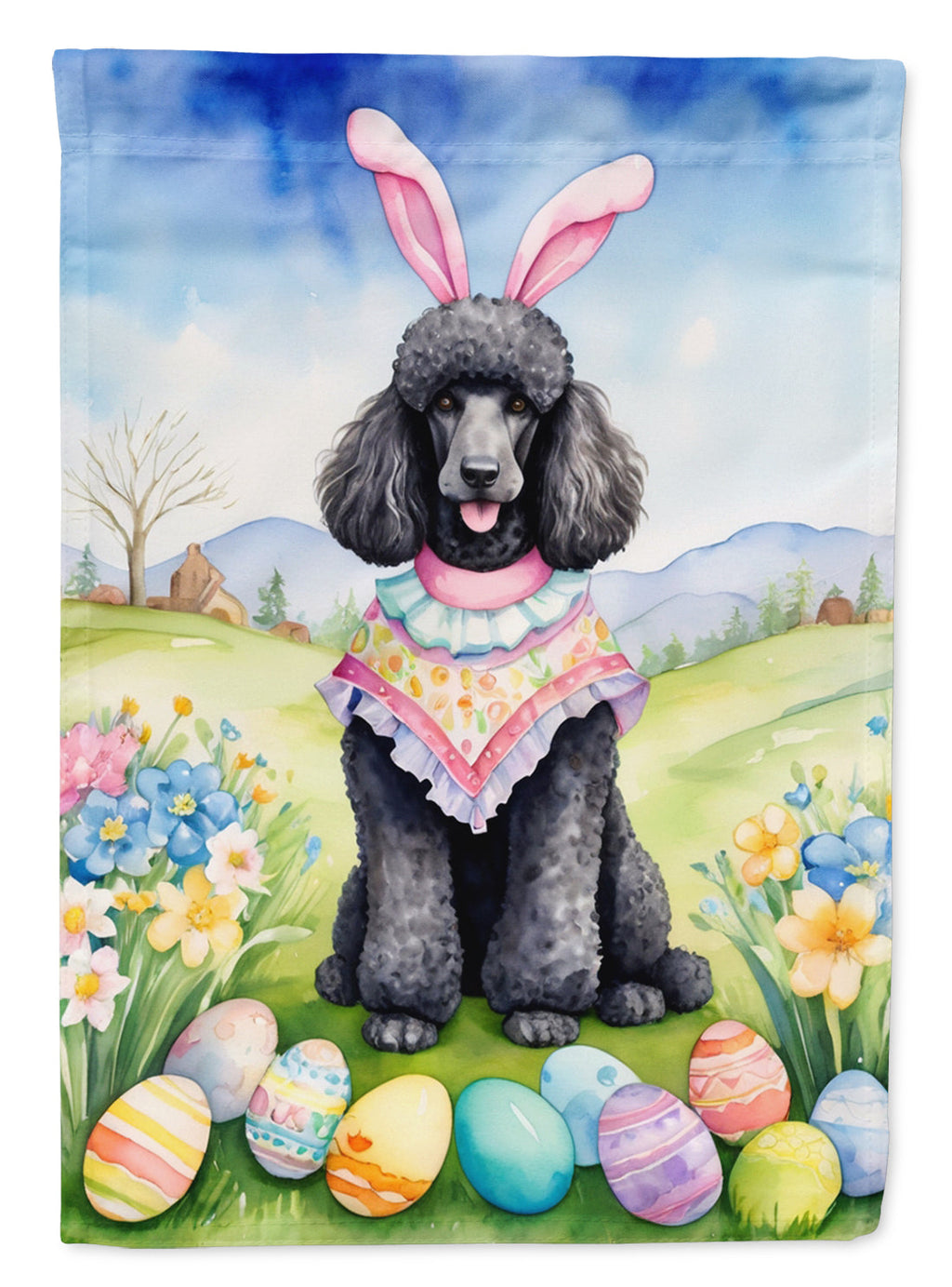 Black Poodle Easter Egg Hunt House Flag 28x40 Porch Sleeve Pole Decorative Outside Yard Banner Artwork Wall Hanging, Polyester