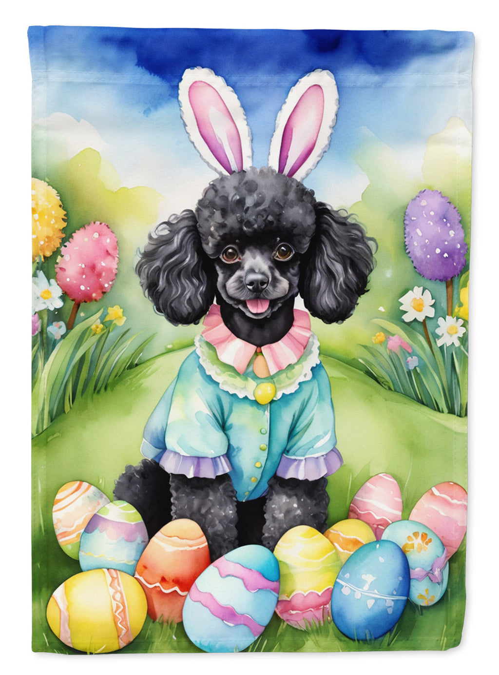 Black Poodle Easter Egg Hunt House Flag 28x40 Porch Sleeve Pole Decorative Outside Yard Banner Artwork Wall Hanging, Polyester