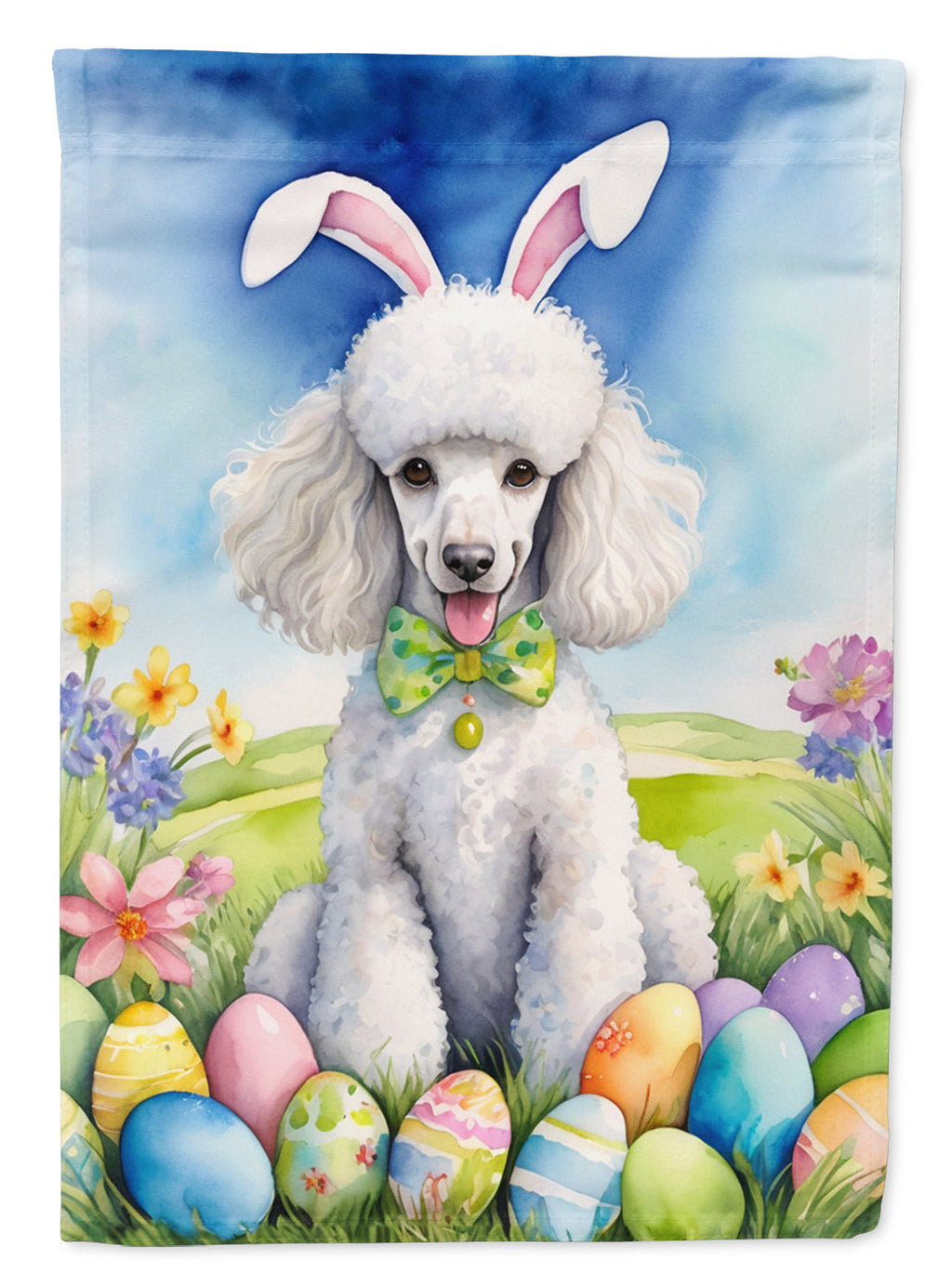 White Poodle Easter Egg Hunt House Flag 28x40 Porch Sleeve Pole Decorative Outside Yard Banner Artwork Wall Hanging, Polyester
