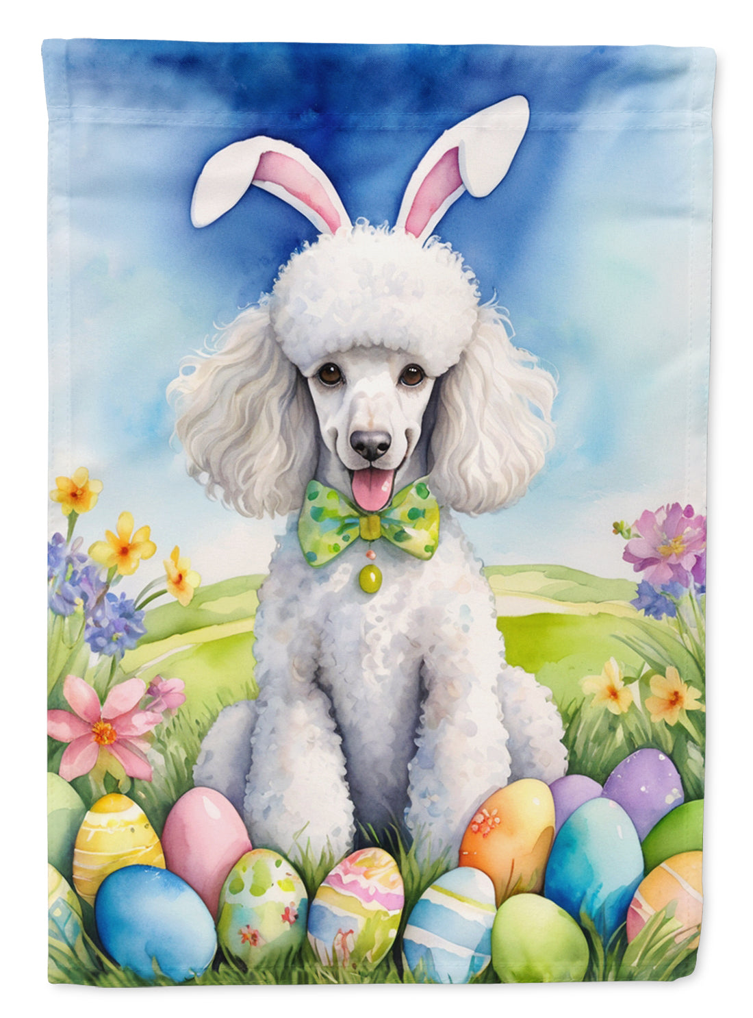 White Poodle Easter Egg Hunt House Flag 28x40 Porch Sleeve Pole Decorative Outside Yard Banner Artwork Wall Hanging, Polyester