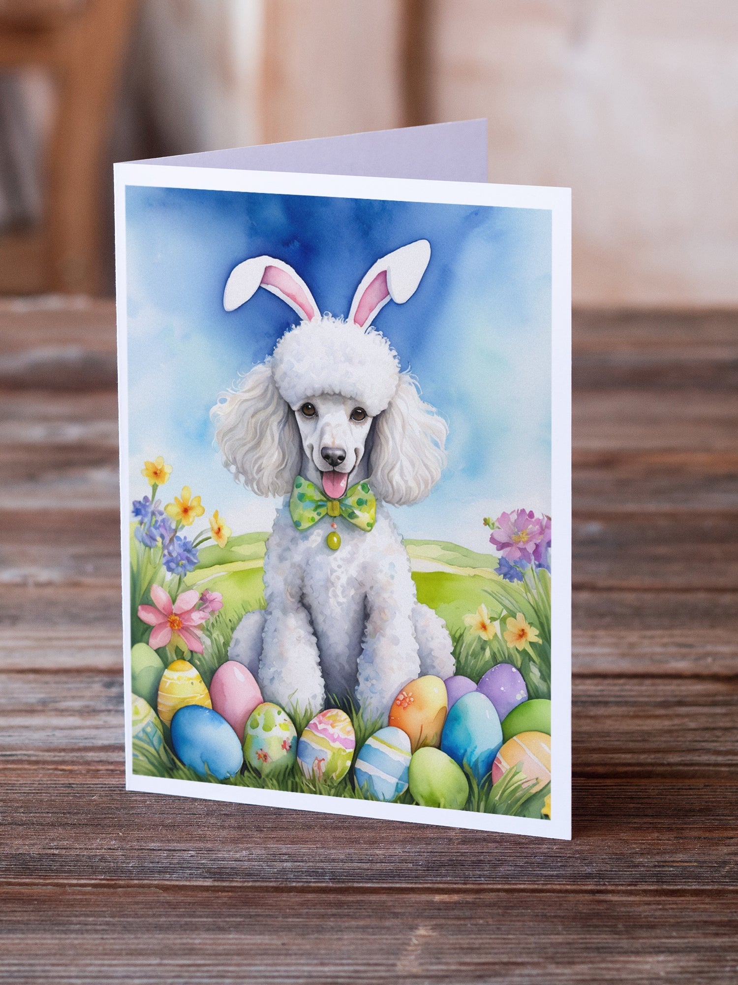 White Poodle Easter Egg Hunt Greeting Cards Pack of 8 Blank Cards with Envelopes Whimsical A7 Size 5x7