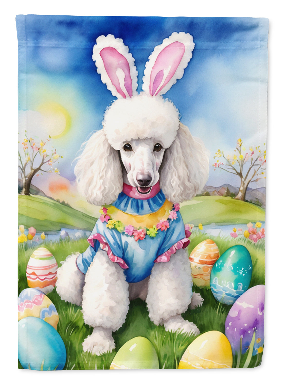 White Poodle Easter Egg Hunt House Flag 28x40 Porch Sleeve Pole Decorative Outside Yard Banner Artwork Wall Hanging, Polyester