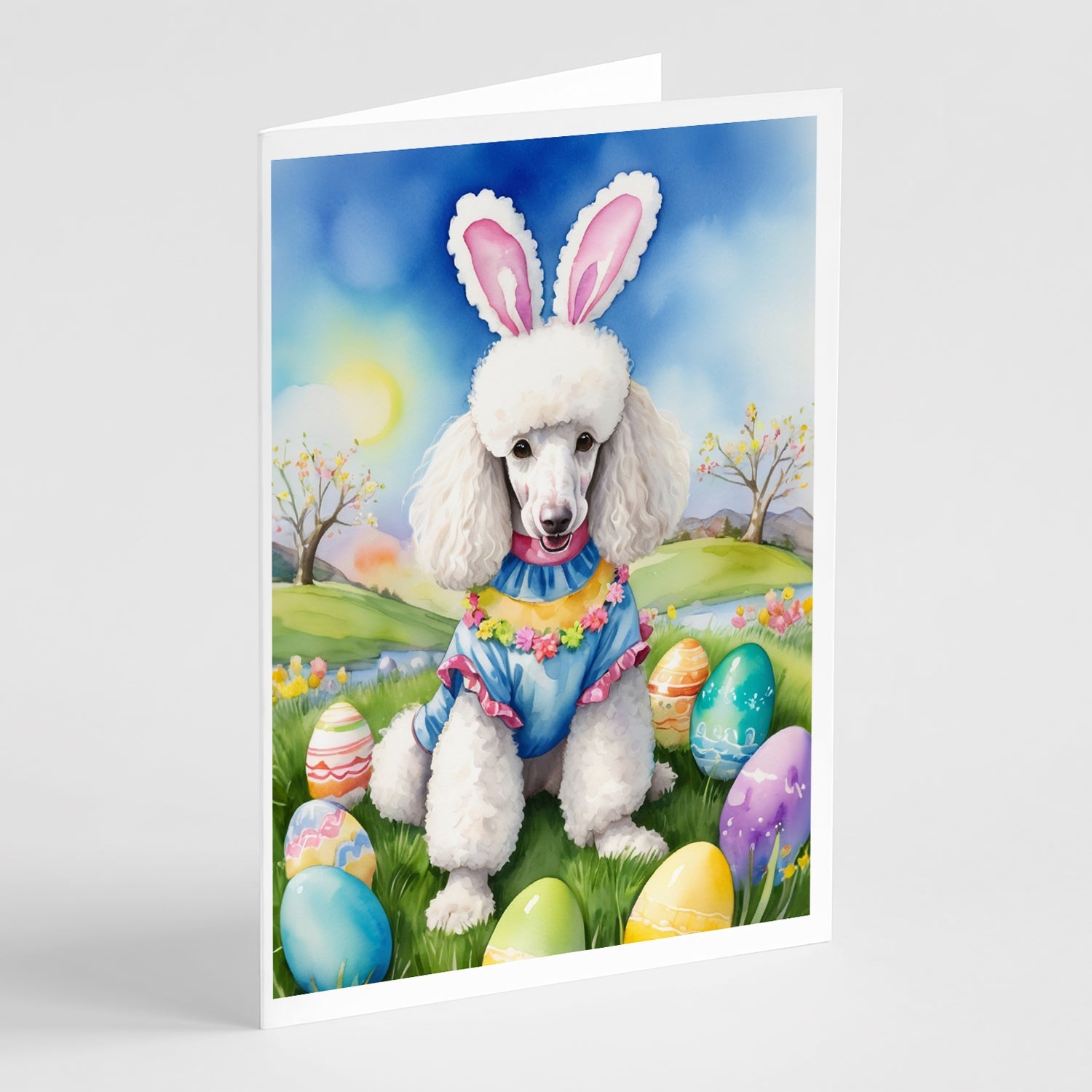 White Poodle Easter Egg Hunt Greeting Cards Pack of 8 Blank Cards with Envelopes Whimsical A7 Size 5x7