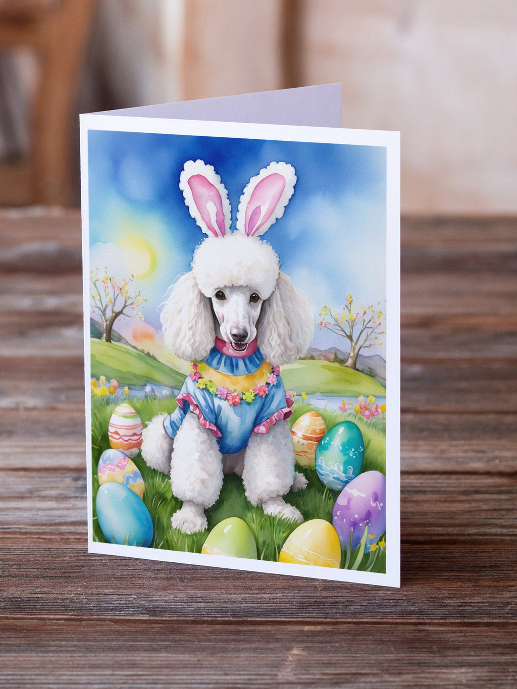 White Poodle Easter Egg Hunt Greeting Cards Pack of 8 Blank Cards with Envelopes Whimsical A7 Size 5x7