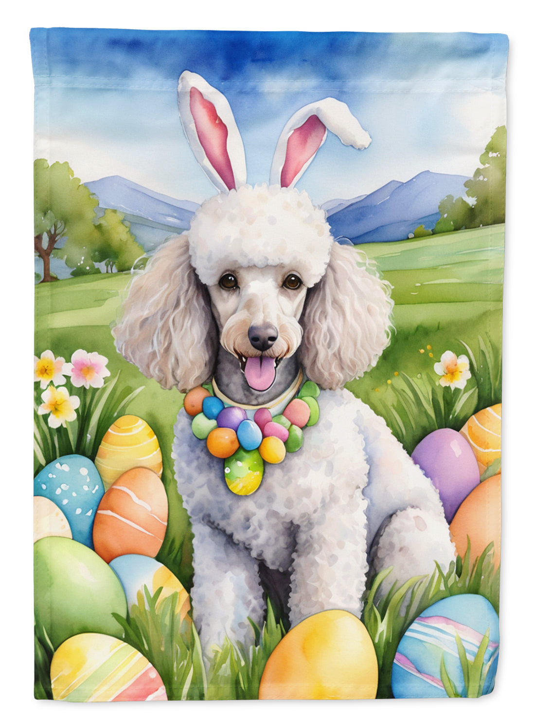 White Poodle Easter Egg Hunt House Flag 28x40 Porch Sleeve Pole Decorative Outside Yard Banner Artwork Wall Hanging, Polyester