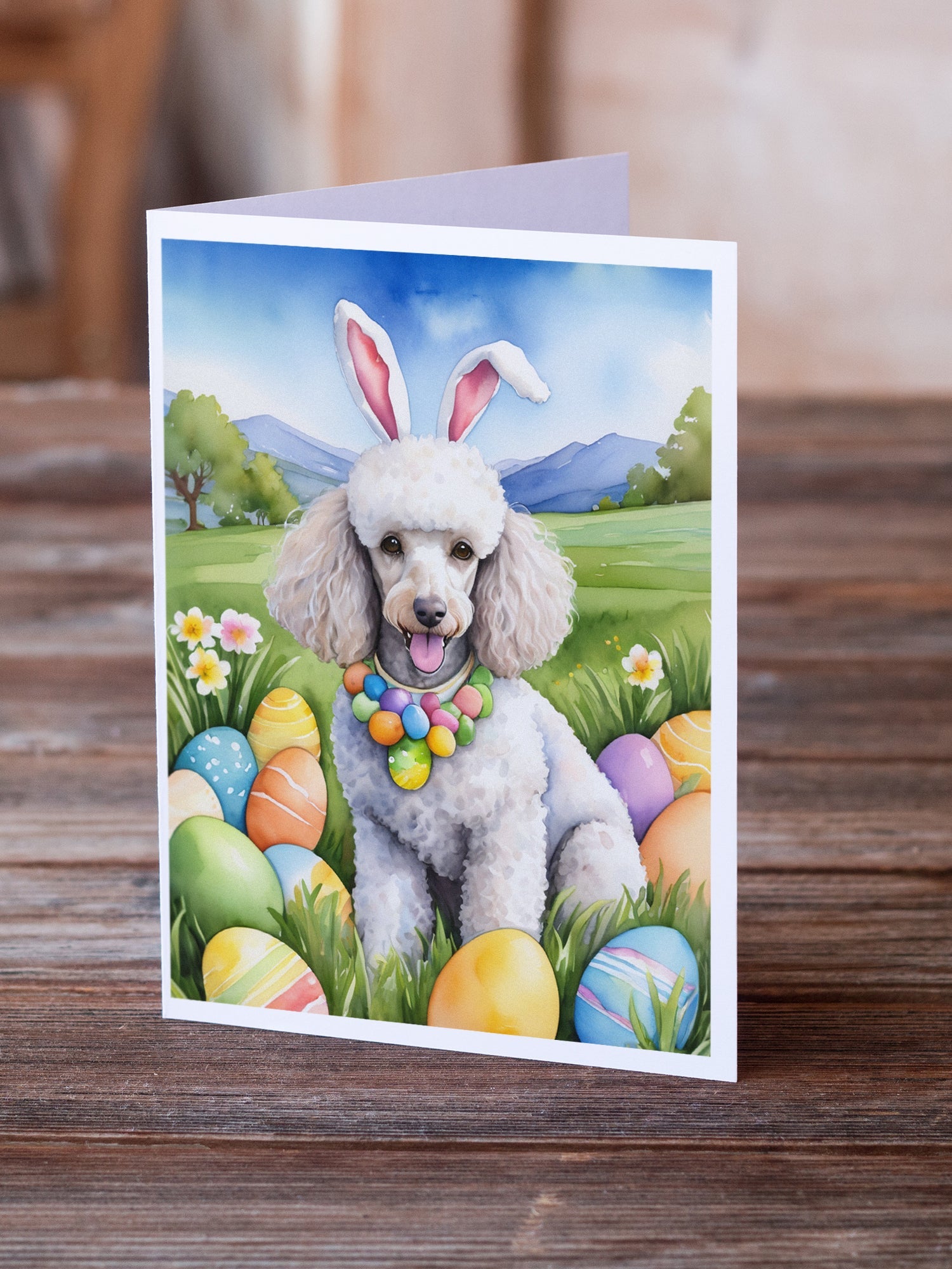 White Poodle Easter Egg Hunt Greeting Cards Pack of 8 Blank Cards with Envelopes Whimsical A7 Size 5x7