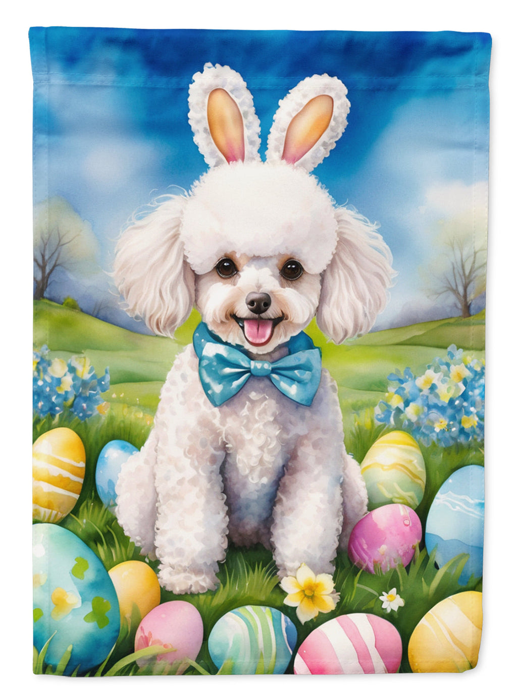 White Poodle Easter Egg Hunt House Flag 28x40 Porch Sleeve Pole Decorative Outside Yard Banner Artwork Wall Hanging, Polyester