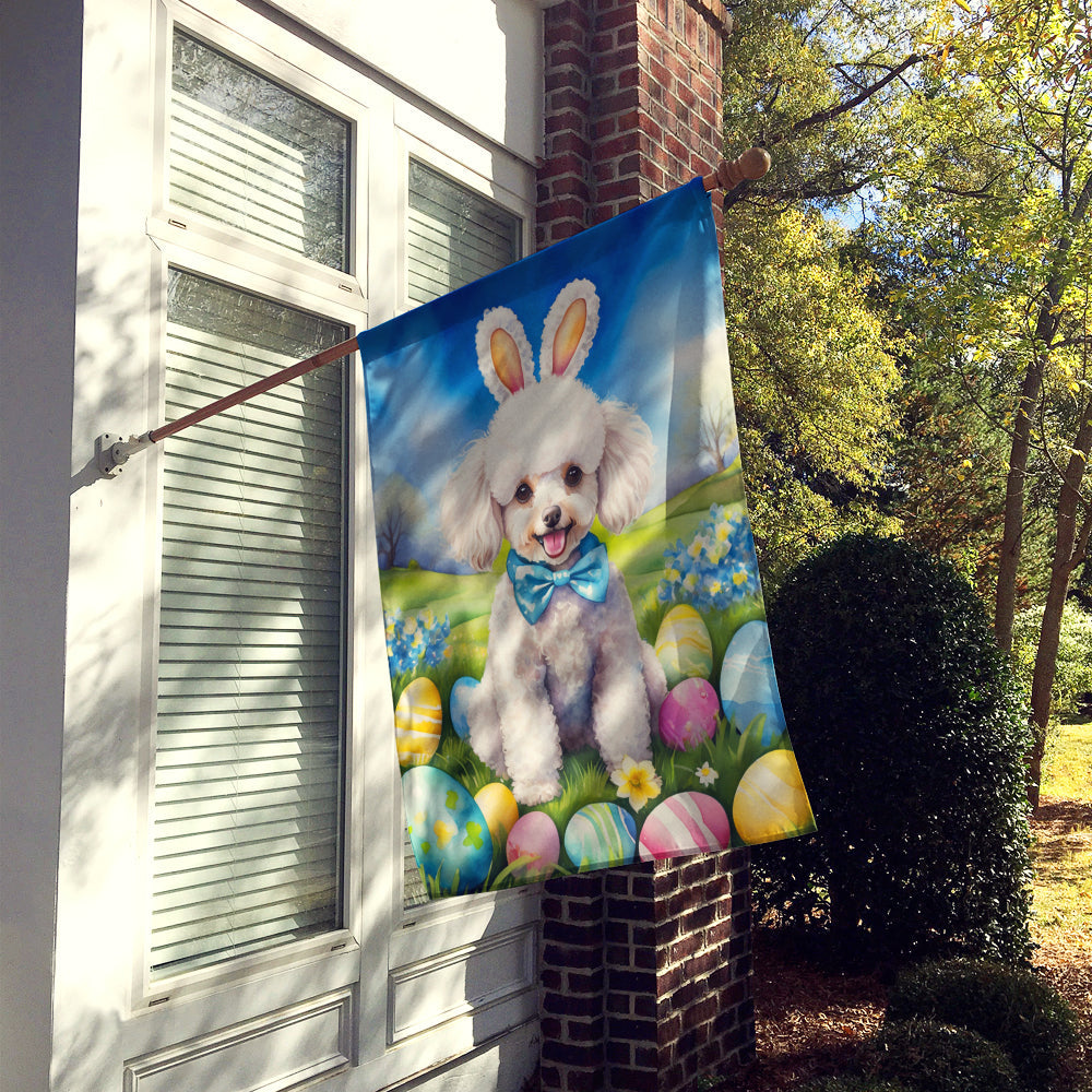 White Poodle Easter Egg Hunt House Flag 28x40 Porch Sleeve Pole Decorative Outside Yard Banner Artwork Wall Hanging, Polyester