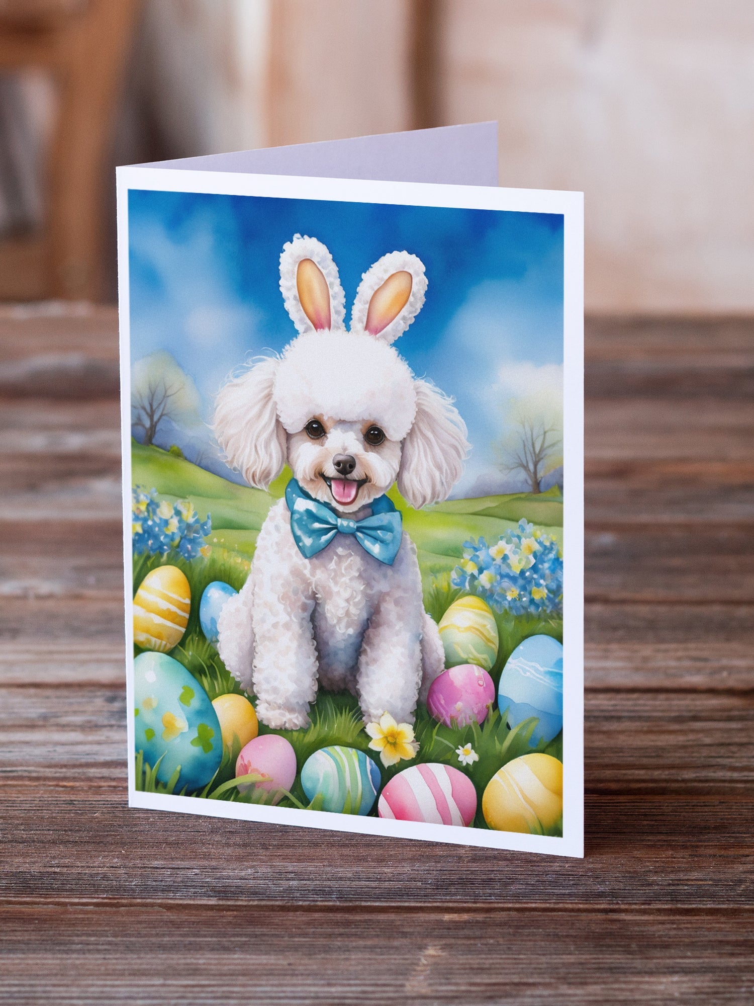 White Poodle Easter Egg Hunt Greeting Cards Pack of 8 Blank Cards with Envelopes Whimsical A7 Size 5x7
