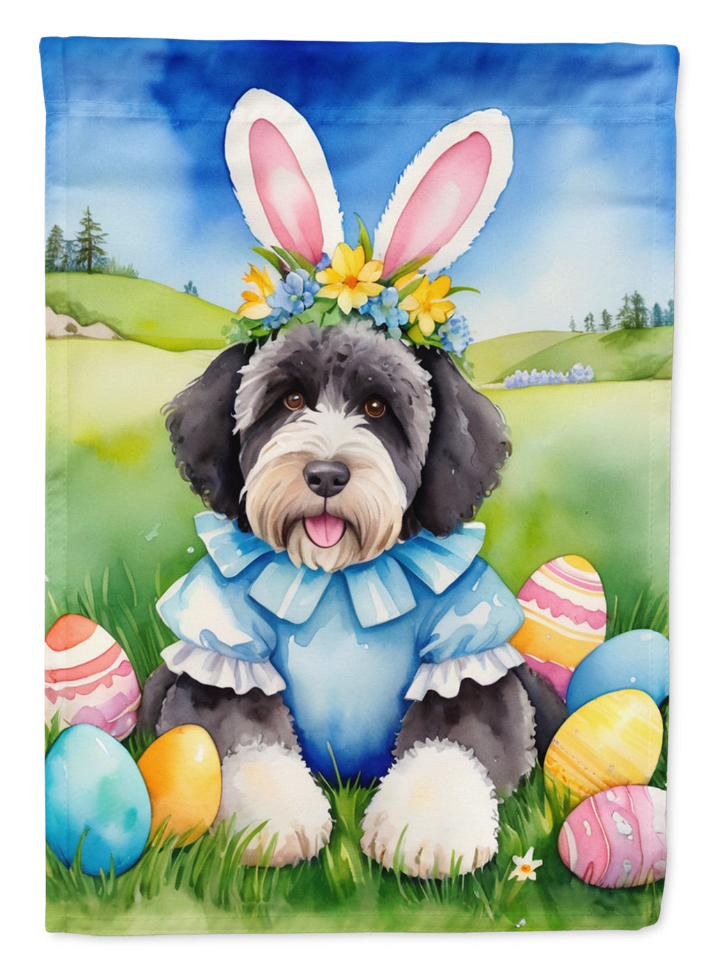 Portuguese Water Dog Easter Egg Hunt House Flag 28x40 Porch Sleeve Pole Decorative Outside Yard Banner Artwork Wall Hanging, Polyester