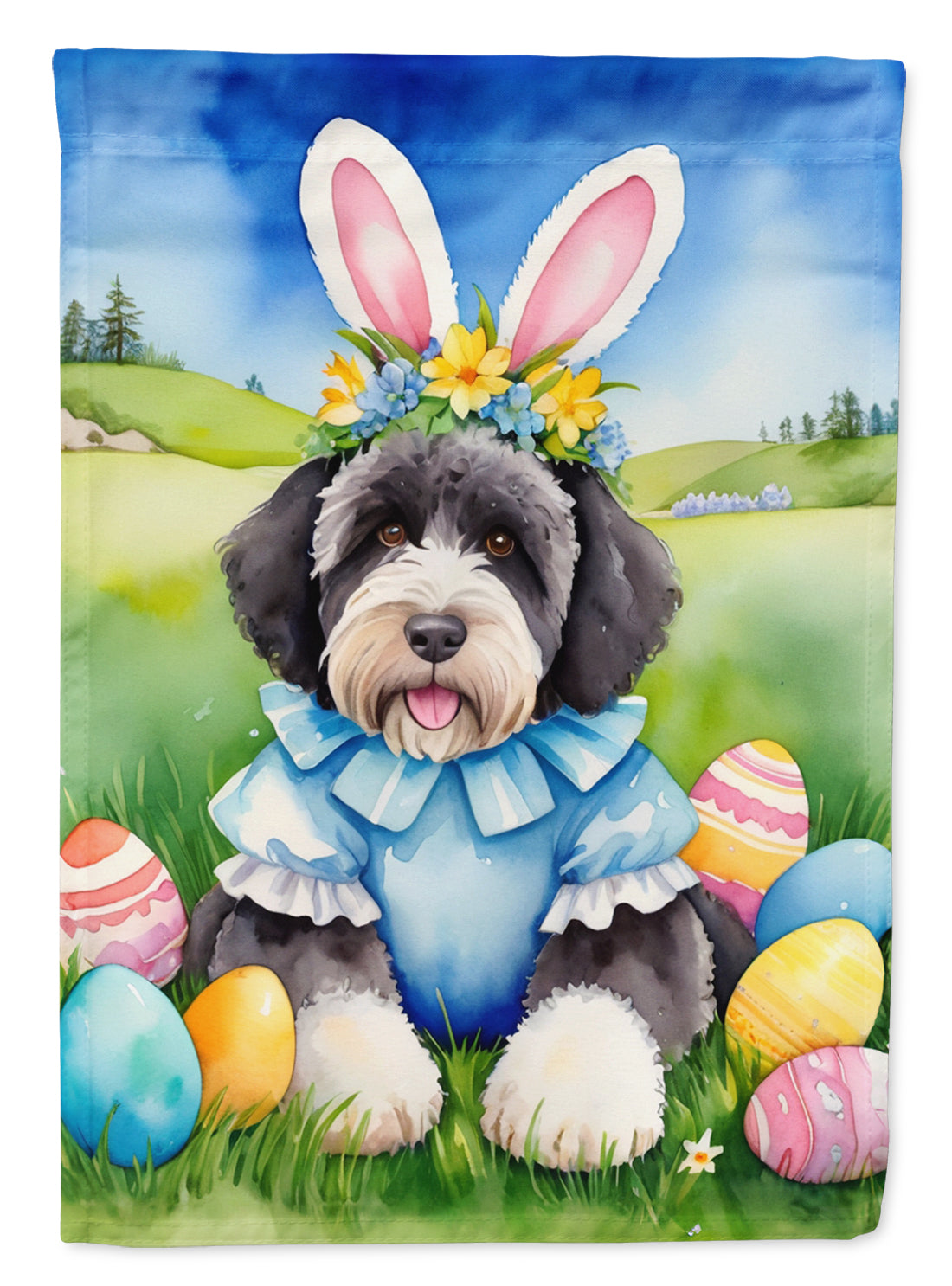 Portuguese Water Dog Easter Egg Hunt House Flag 28x40 Porch Sleeve Pole Decorative Outside Yard Banner Artwork Wall Hanging, Polyester