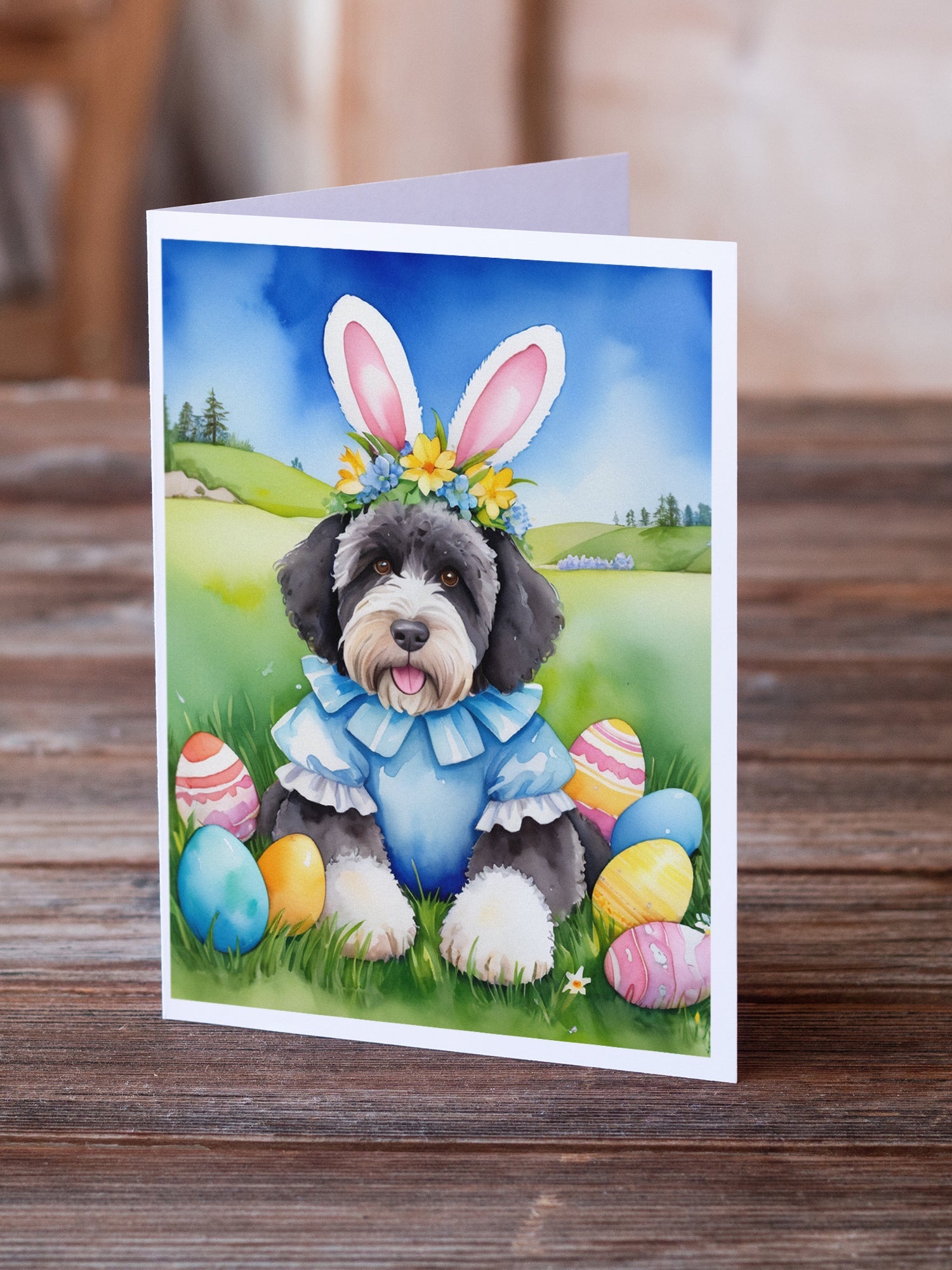 Portuguese Water Dog Easter Egg Hunt Greeting Cards Pack of 8 Blank Cards with Envelopes Whimsical A7 Size 5x7