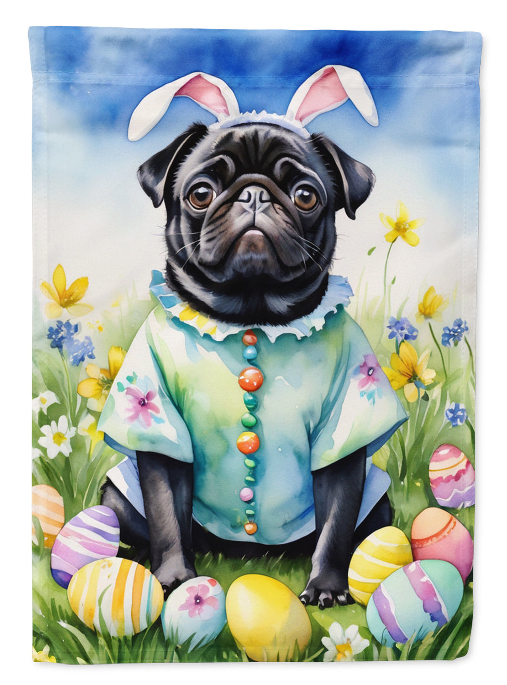 Pug Easter Egg Hunt House Flag 28x40 Porch Sleeve Pole Decorative Outside Yard Banner Artwork Wall Hanging, Polyester