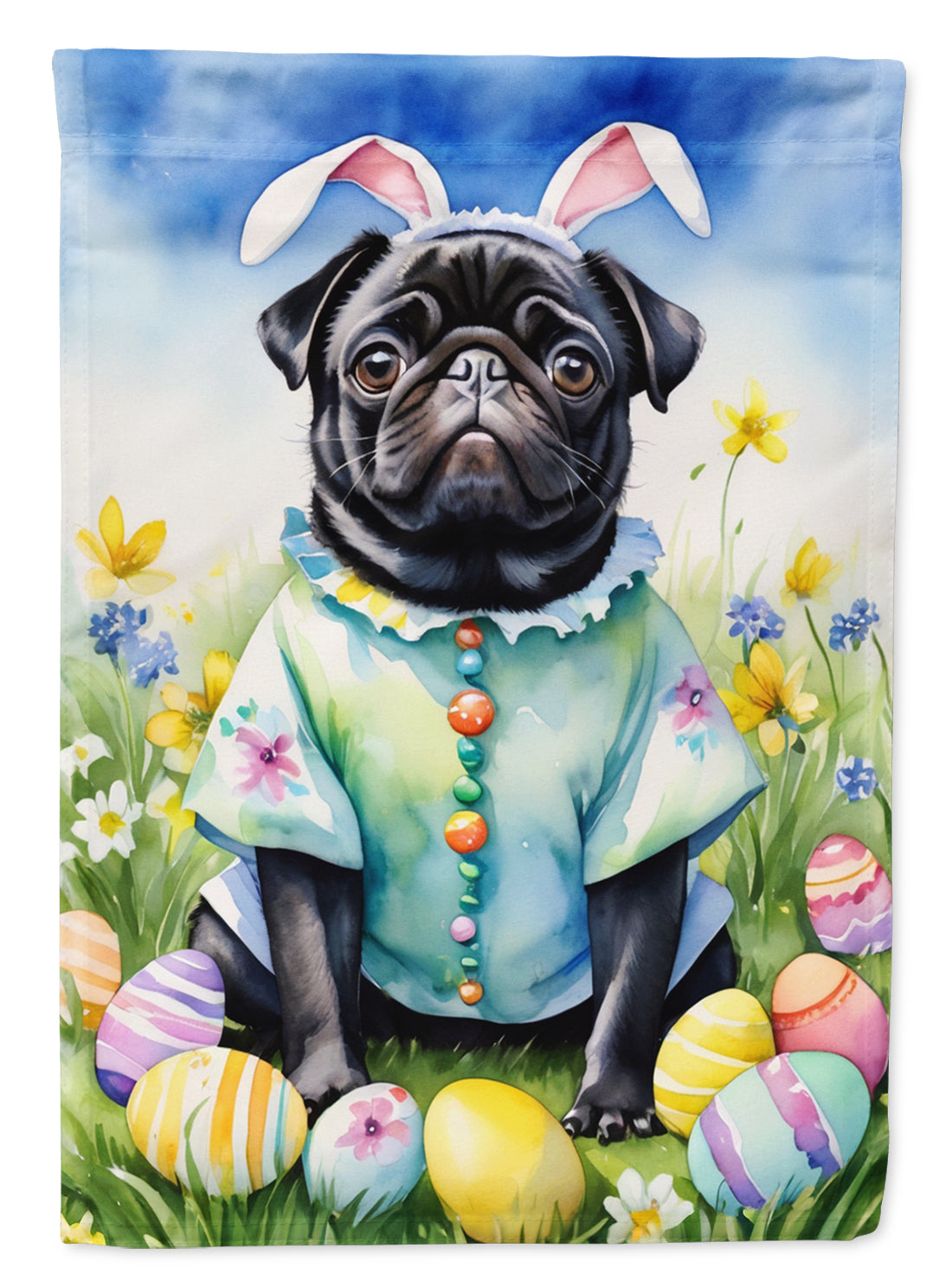 Pug Easter Egg Hunt House Flag 28x40 Porch Sleeve Pole Decorative Outside Yard Banner Artwork Wall Hanging, Polyester