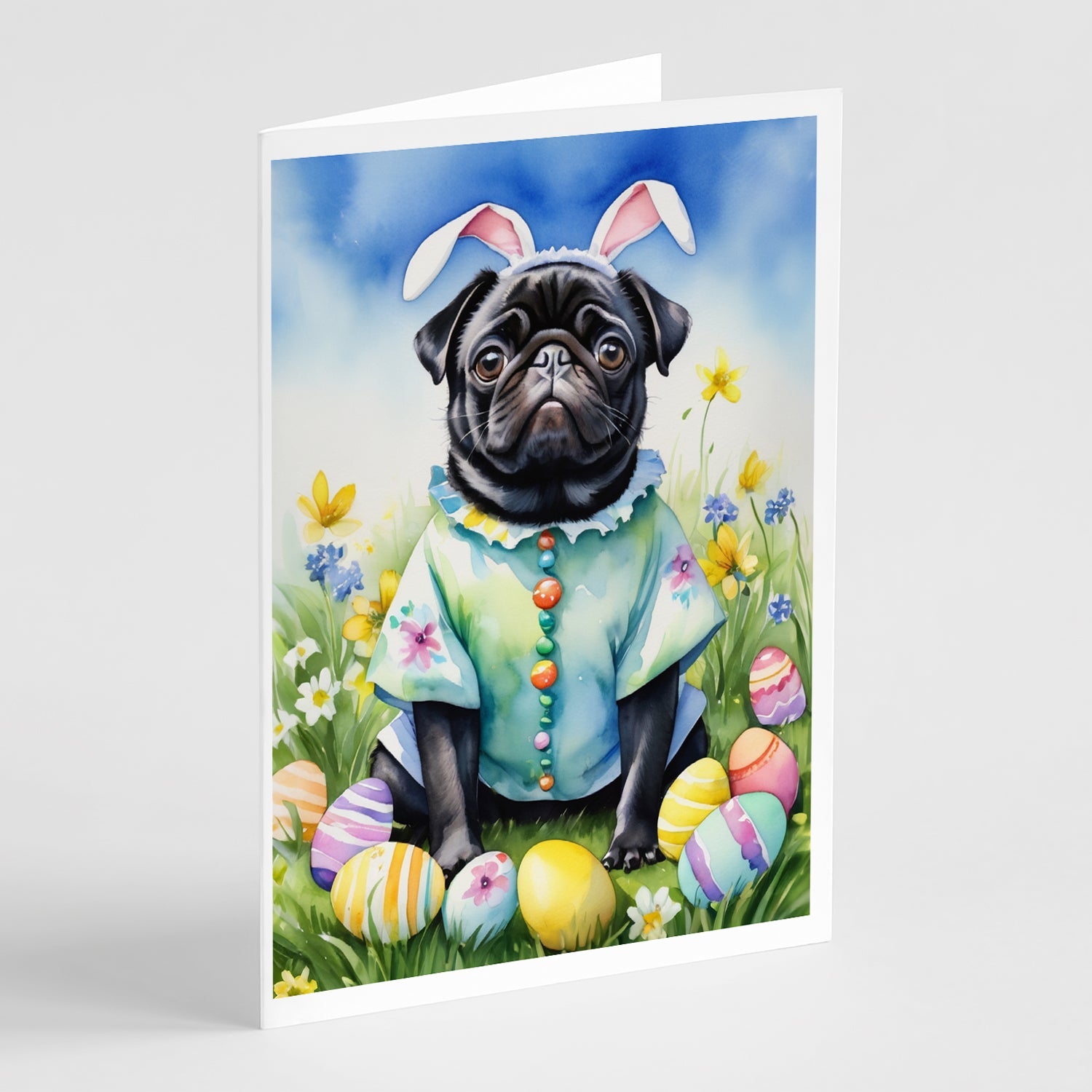 Pug Easter Egg Hunt Greeting Cards Pack of 8 Blank Cards with Envelopes Whimsical A7 Size 5x7