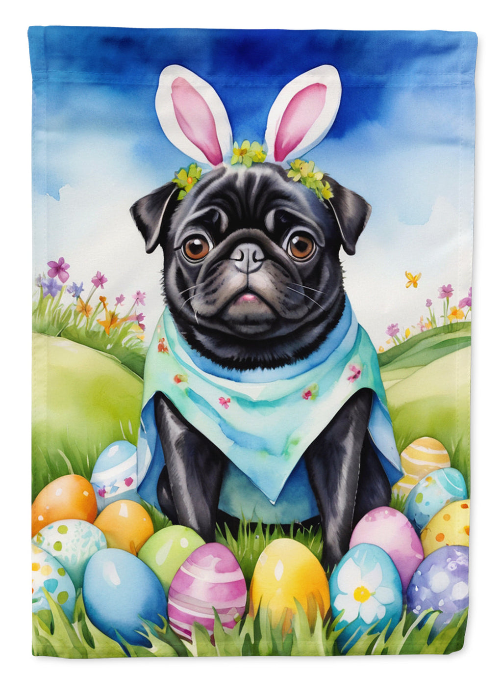 Pug Easter Egg Hunt House Flag 28x40 Porch Sleeve Pole Decorative Outside Yard Banner Artwork Wall Hanging, Polyester
