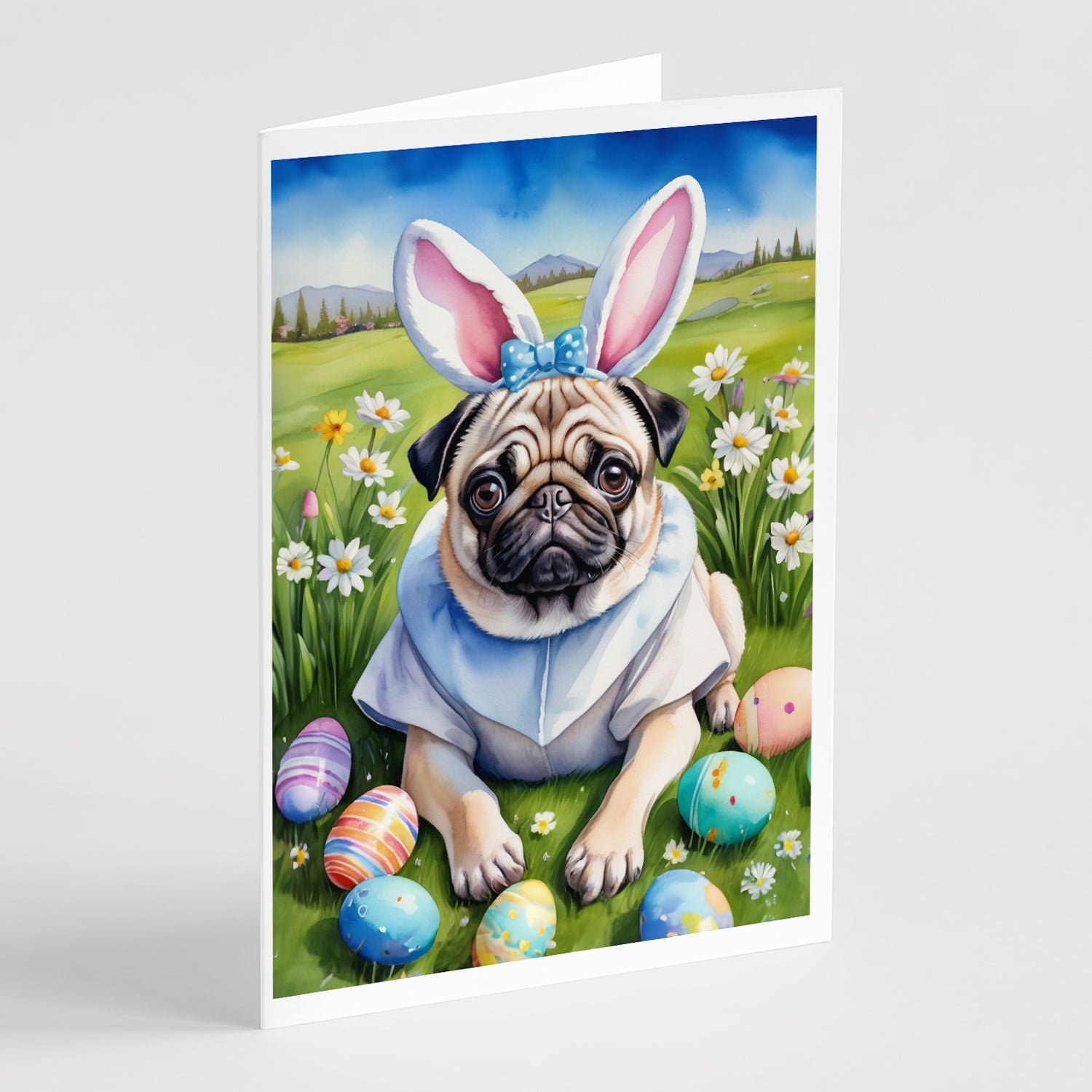 Pug Easter Egg Hunt Greeting Cards Pack of 8 Blank Cards with Envelopes Whimsical A7 Size 5x7