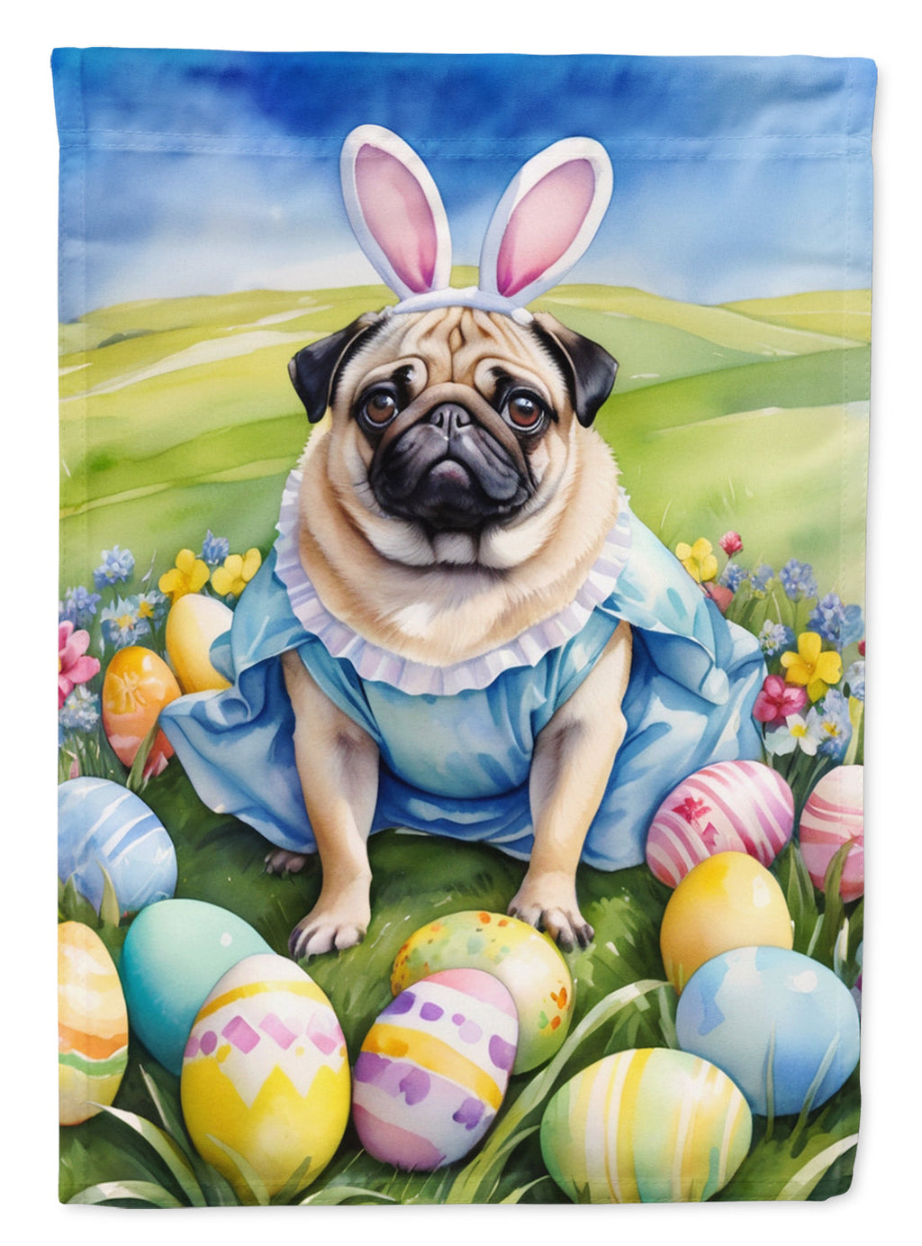 Pug Easter Egg Hunt House Flag 28x40 Porch Sleeve Pole Decorative Outside Yard Banner Artwork Wall Hanging, Polyester